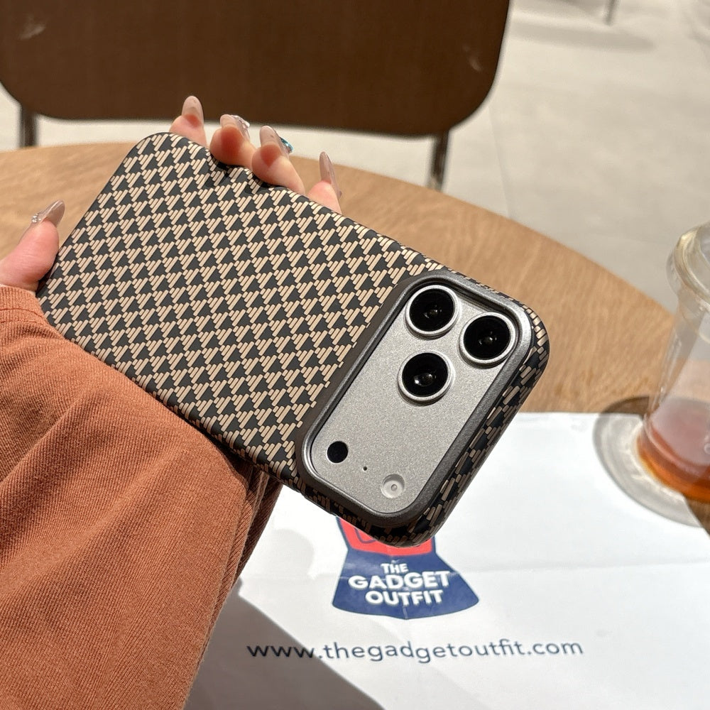 Mocha Grid Pattern iPhone Case – Elegant Brown Designer Cover for Everyday Style