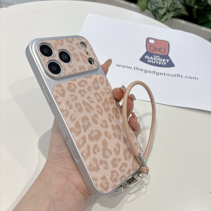 Blush Safari Sparkle iPhone Case with Matching Wrist Strap – Chic Glitter Leopard Design