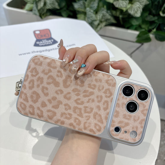 Blush Safari Sparkle iPhone Case with Matching Wrist Strap – Chic Glitter Leopard Design