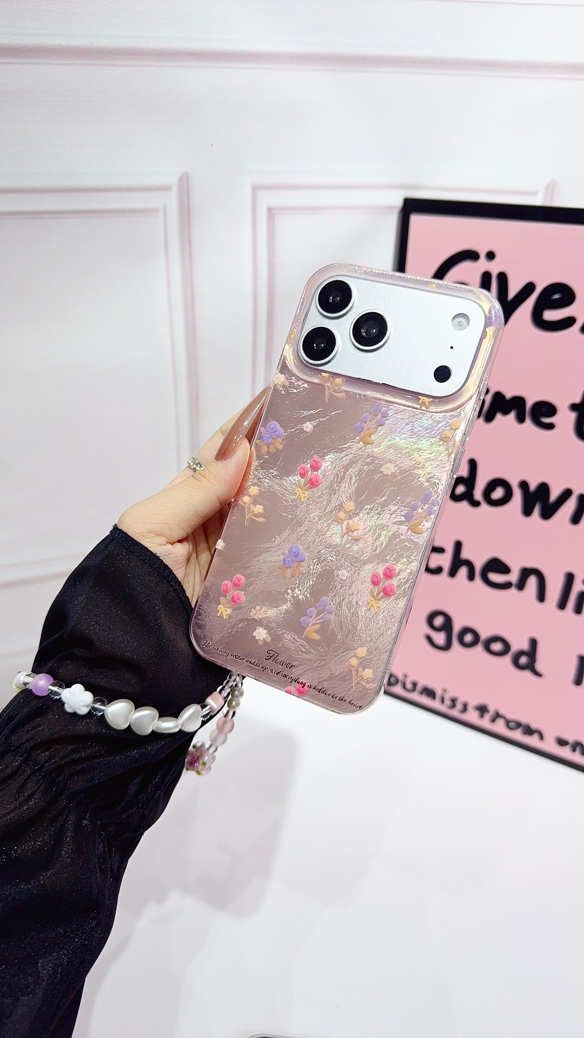 Floral Clear iPhone Case with Beaded Charm | Cute & Protective Phone Cover