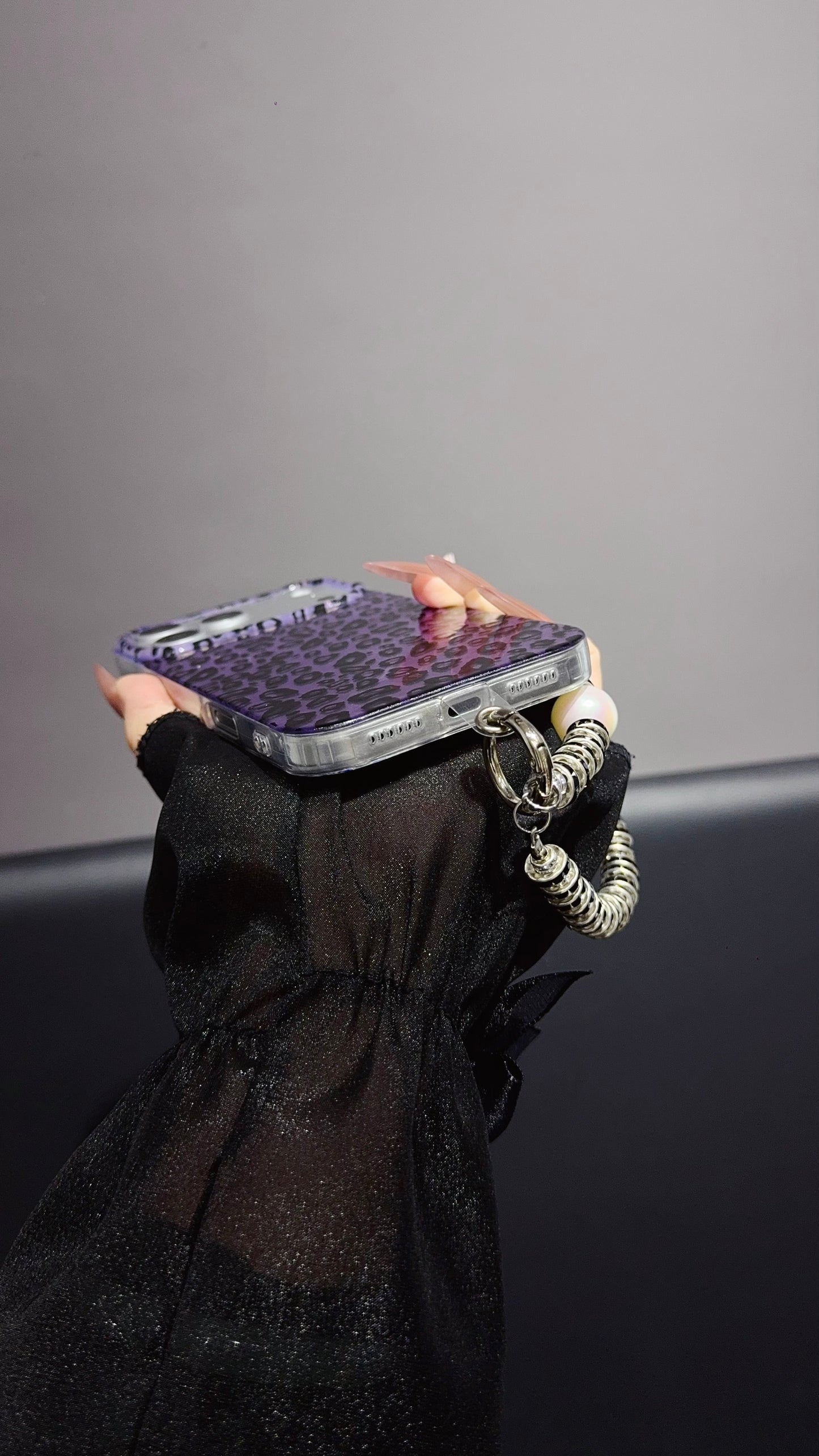 Purple Leopard Print iPhone Case with Charm Strap | Stylish Protective Phone Cover