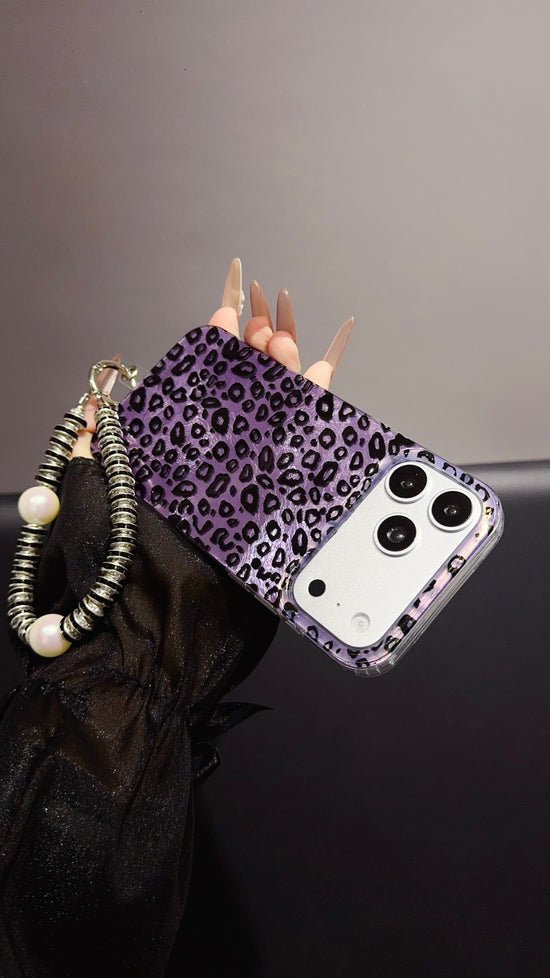 Purple Leopard Print iPhone Case with Charm Strap | Stylish Protective Phone Cover