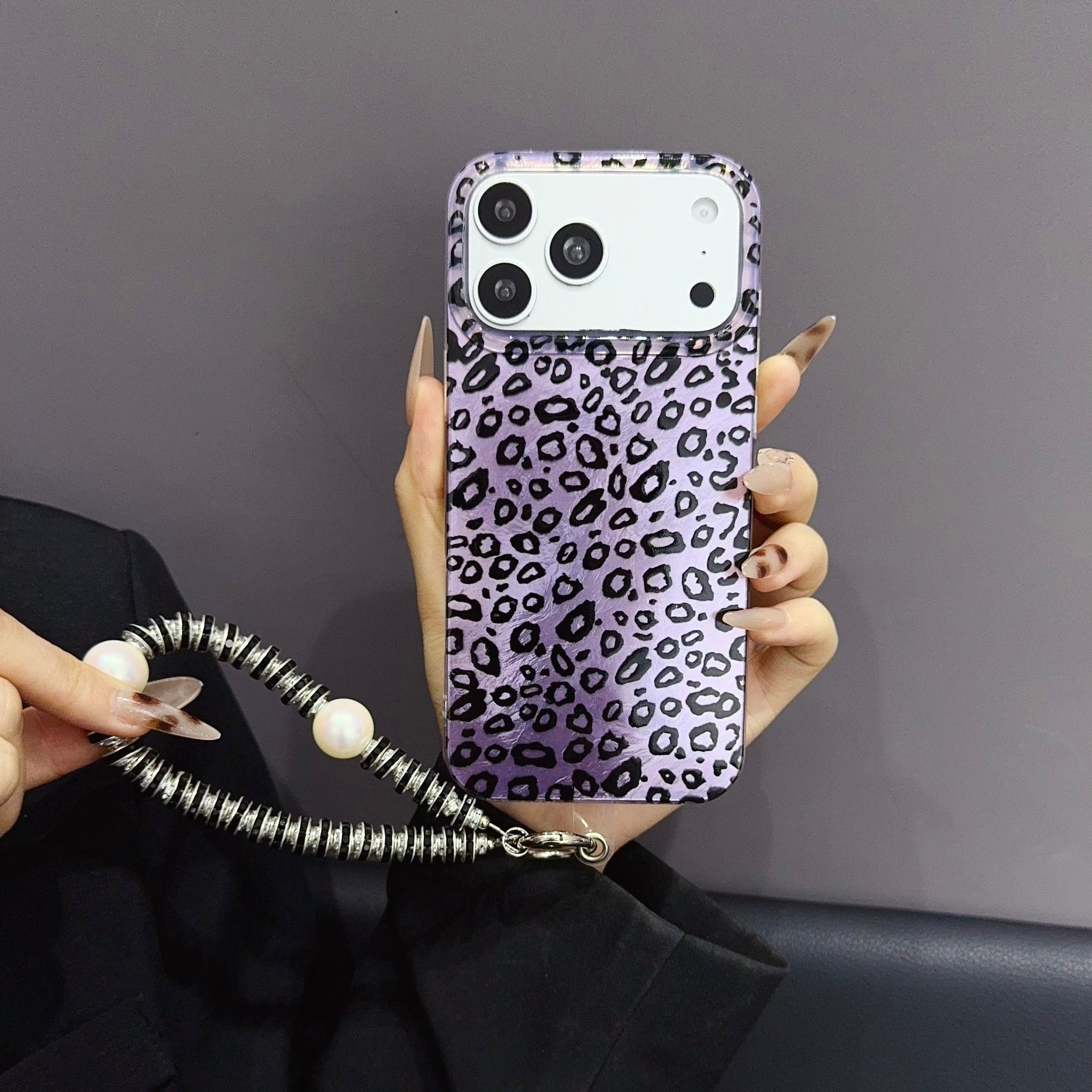 Purple Leopard Print iPhone Case with Charm Strap | Stylish Protective Phone Cover Purple Leopard Print iPhone Case with Charm Strap | Stylish Protective Phone Cover