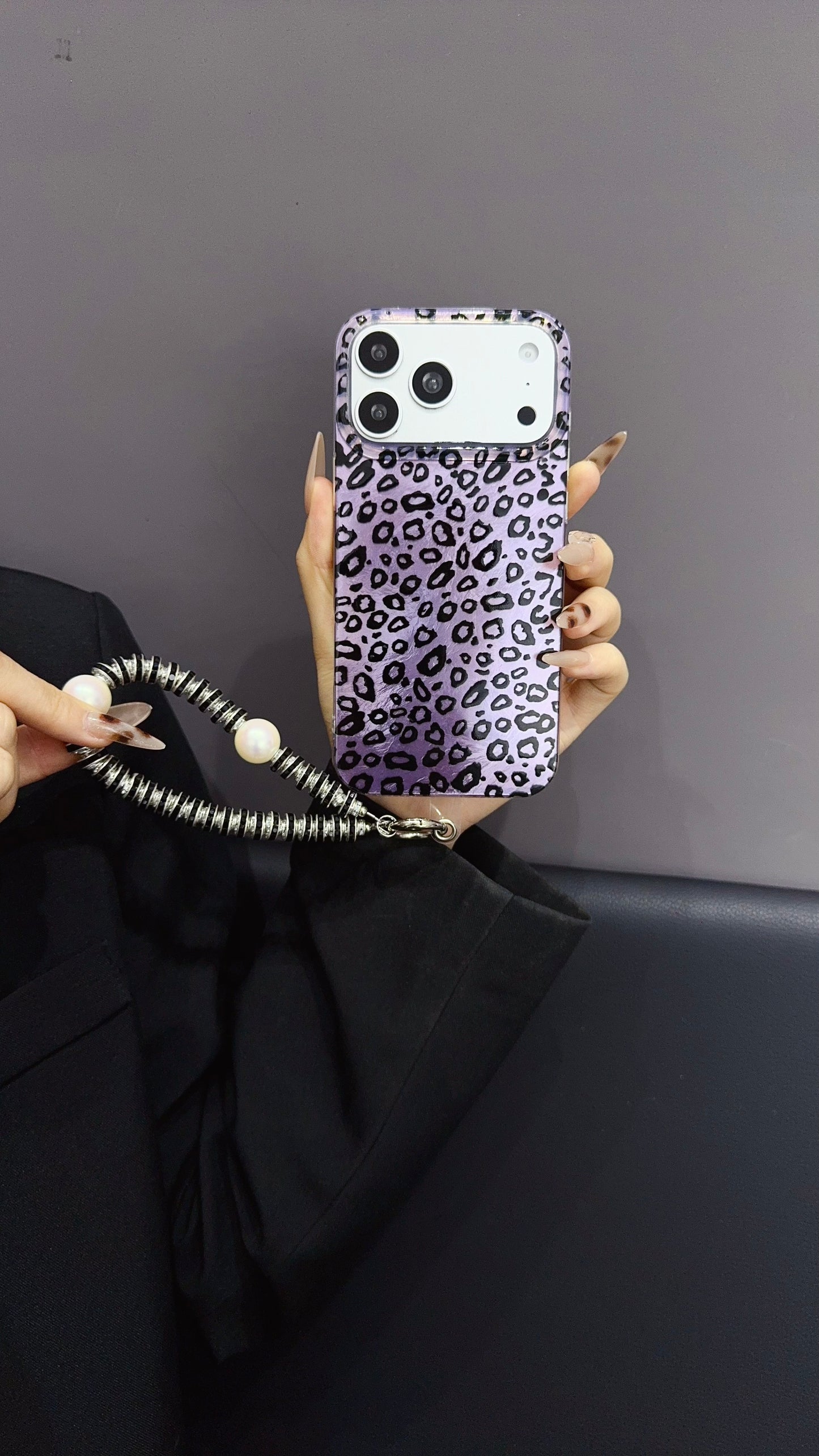 Purple Leopard Print iPhone Case with Charm Strap | Stylish Protective Phone Cover