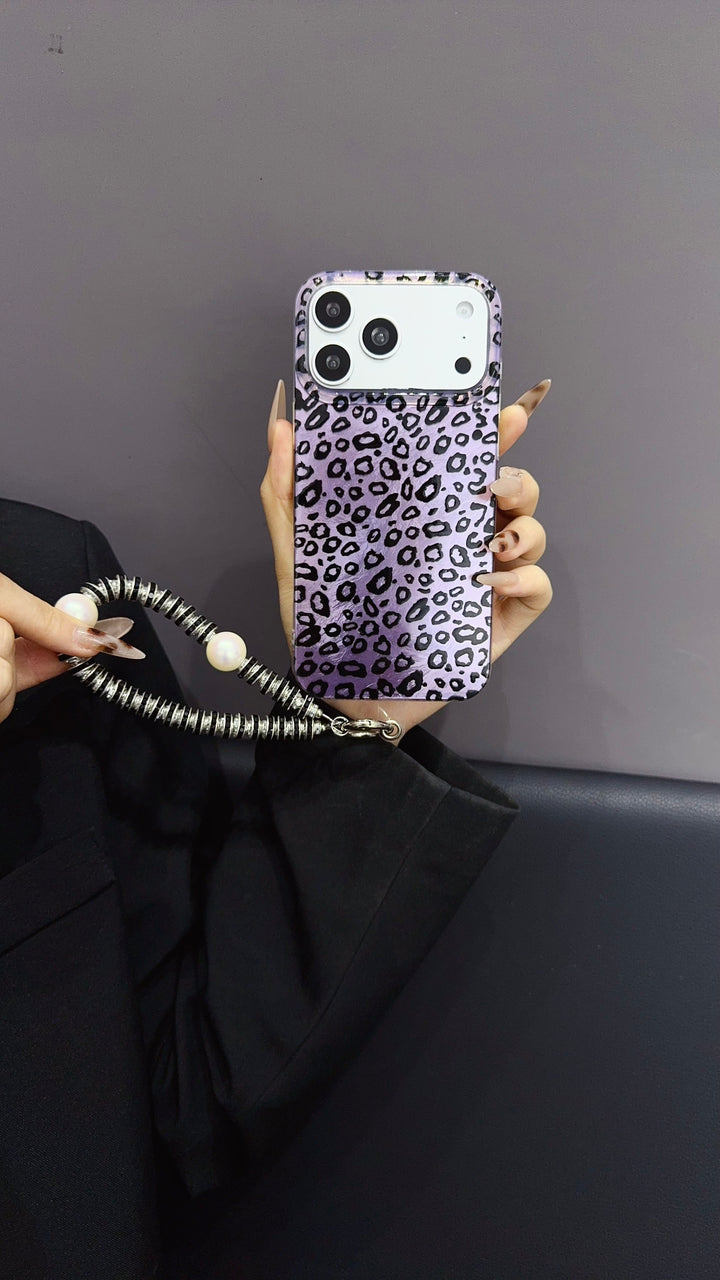 Purple Leopard Print iPhone Case with Charm Strap | Stylish Protective Phone Cover