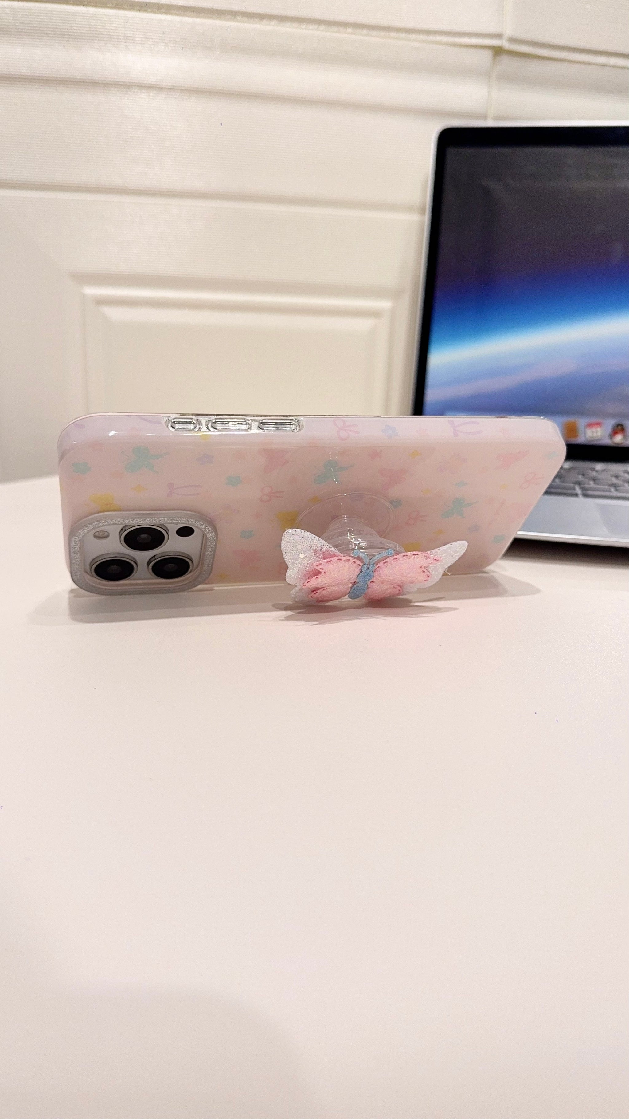 Pastel Butterfly 3D Glitter iPhone Case – Cute & Protective Cover for Girls with hand grip