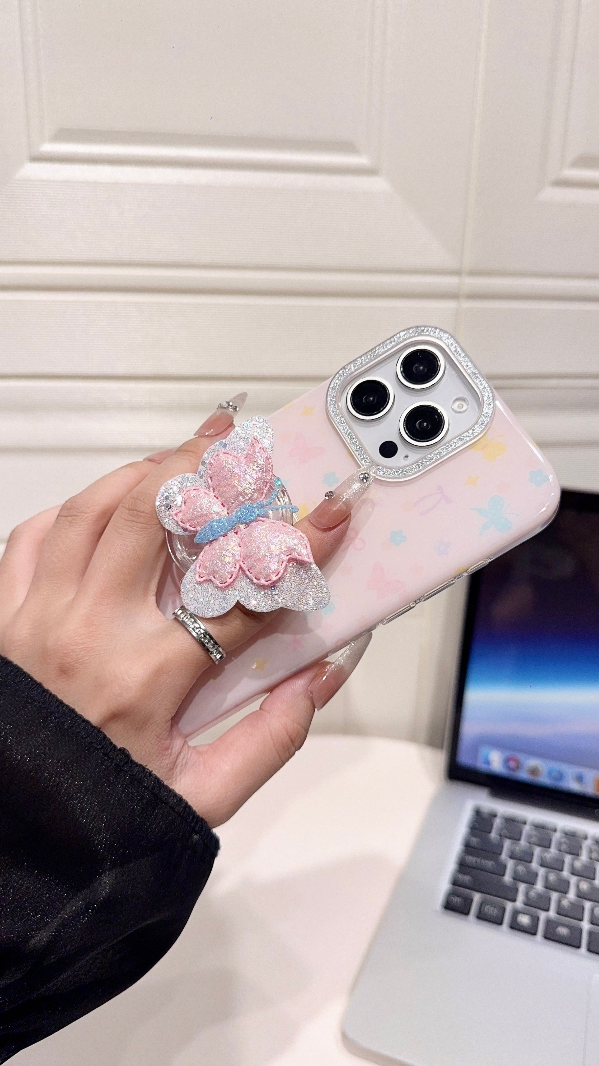 Pastel Butterfly 3D Glitter iPhone Case – Cute & Protective Cover for Girls with hand grip