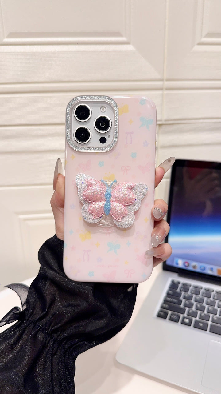 Pastel Butterfly 3D Glitter iPhone Case – Cute & Protective Cover for Girls with hand grip