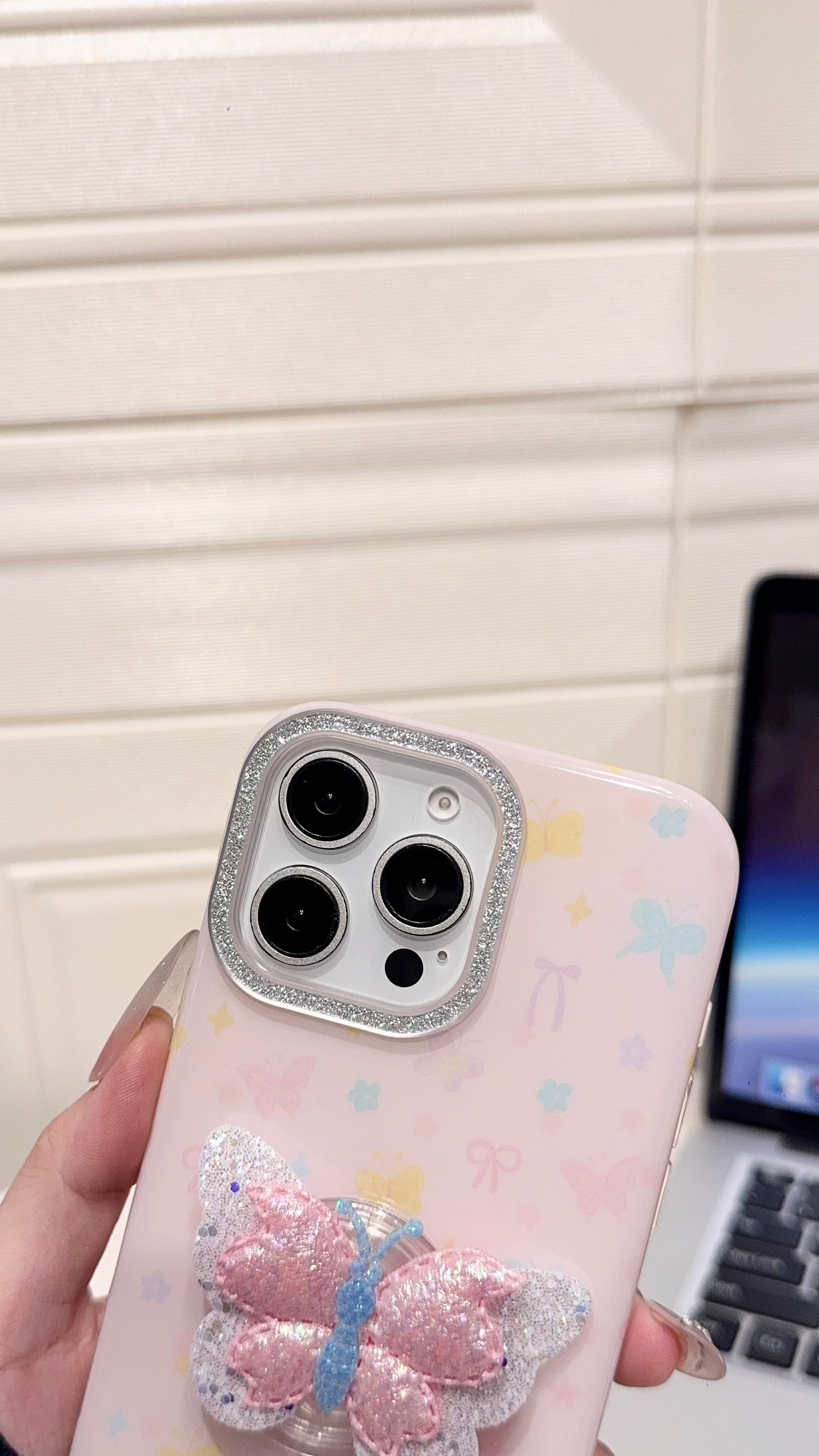 Pastel Butterfly 3D Glitter iPhone Case – Cute & Protective Cover for Girls with hand grip
