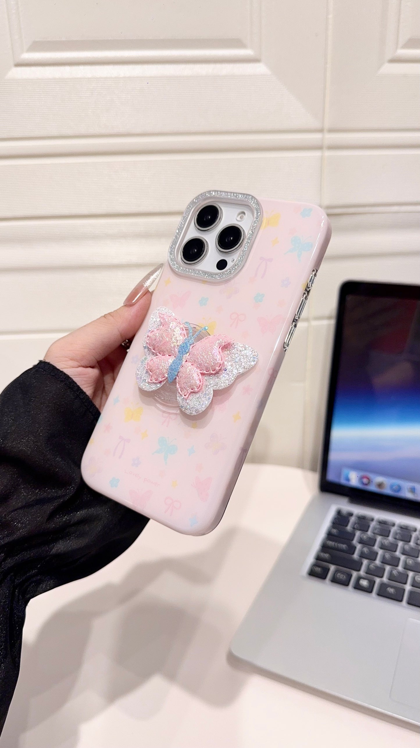 Pastel Butterfly 3D Glitter iPhone Case – Cute & Protective Cover for Girls with hand grip