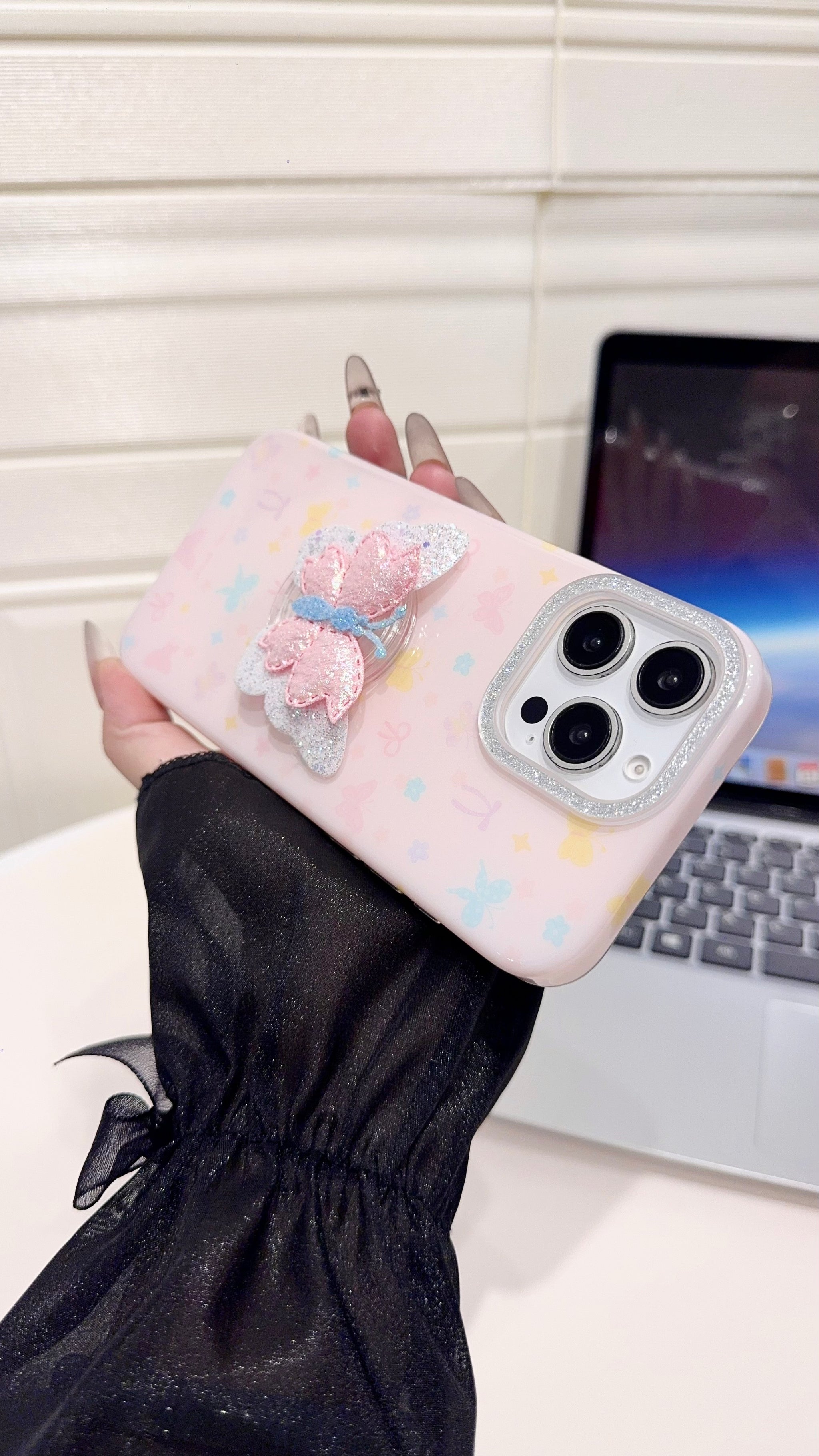 Pastel Butterfly 3D Glitter iPhone Case – Cute & Protective Cover for Girls with hand grip