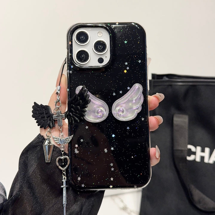 Midnight Angel Wings iPhone Case – Black Glitter Galaxy Design with Gothic Charm