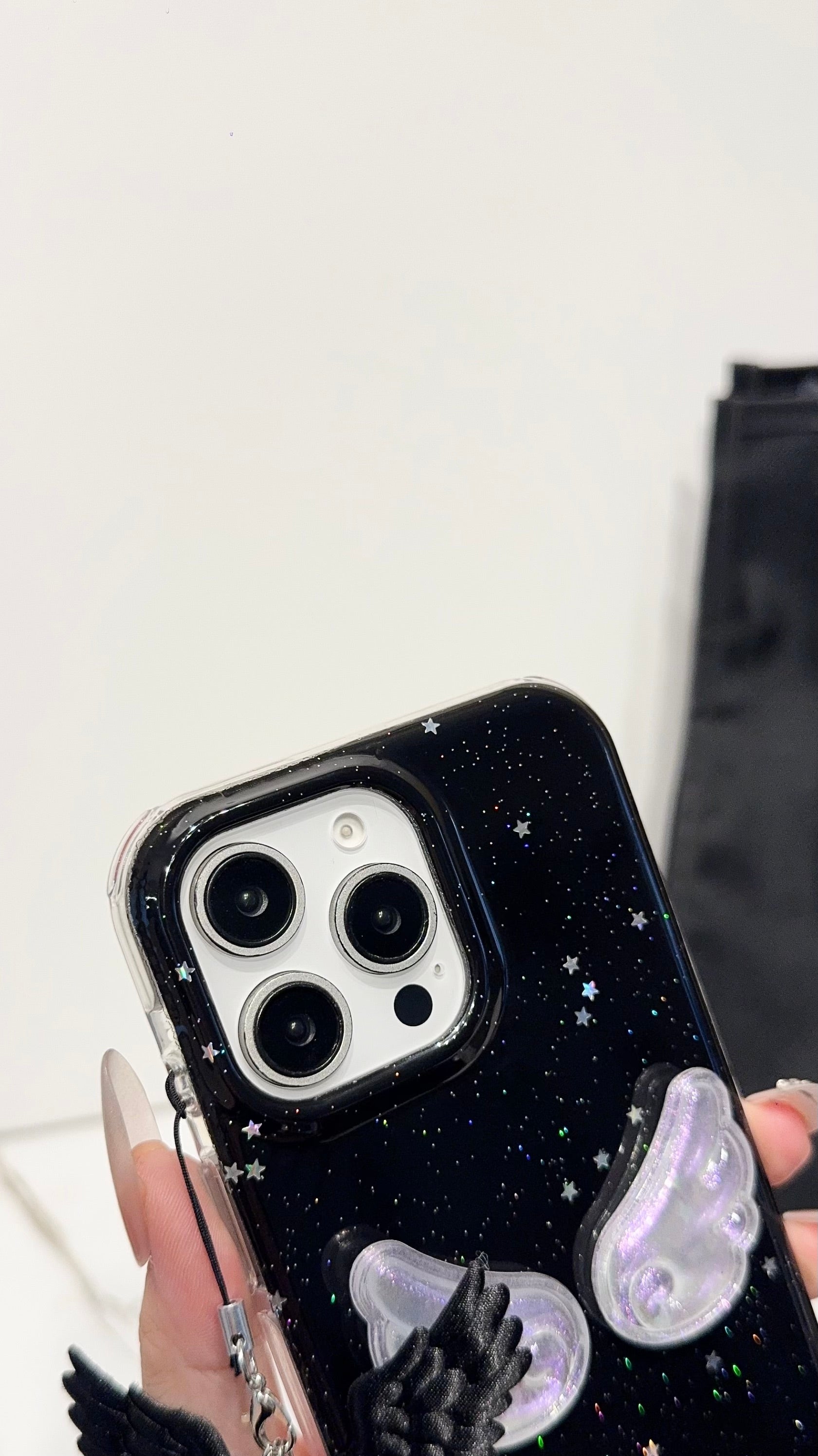 Midnight Angel Wings iPhone Case – Black Glitter Galaxy Design with Gothic Charm