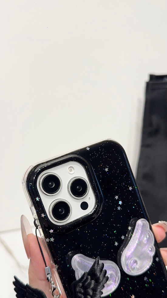 Midnight Angel Wings iPhone Case – Black Glitter Galaxy Design with Gothic Charm