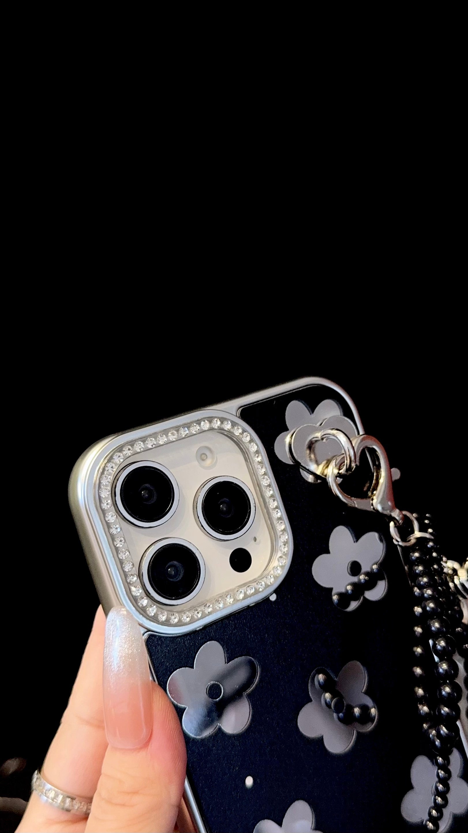 Black Floral iPhone Case with Silver Bow Charm – Elegant Glossy Protective Cover