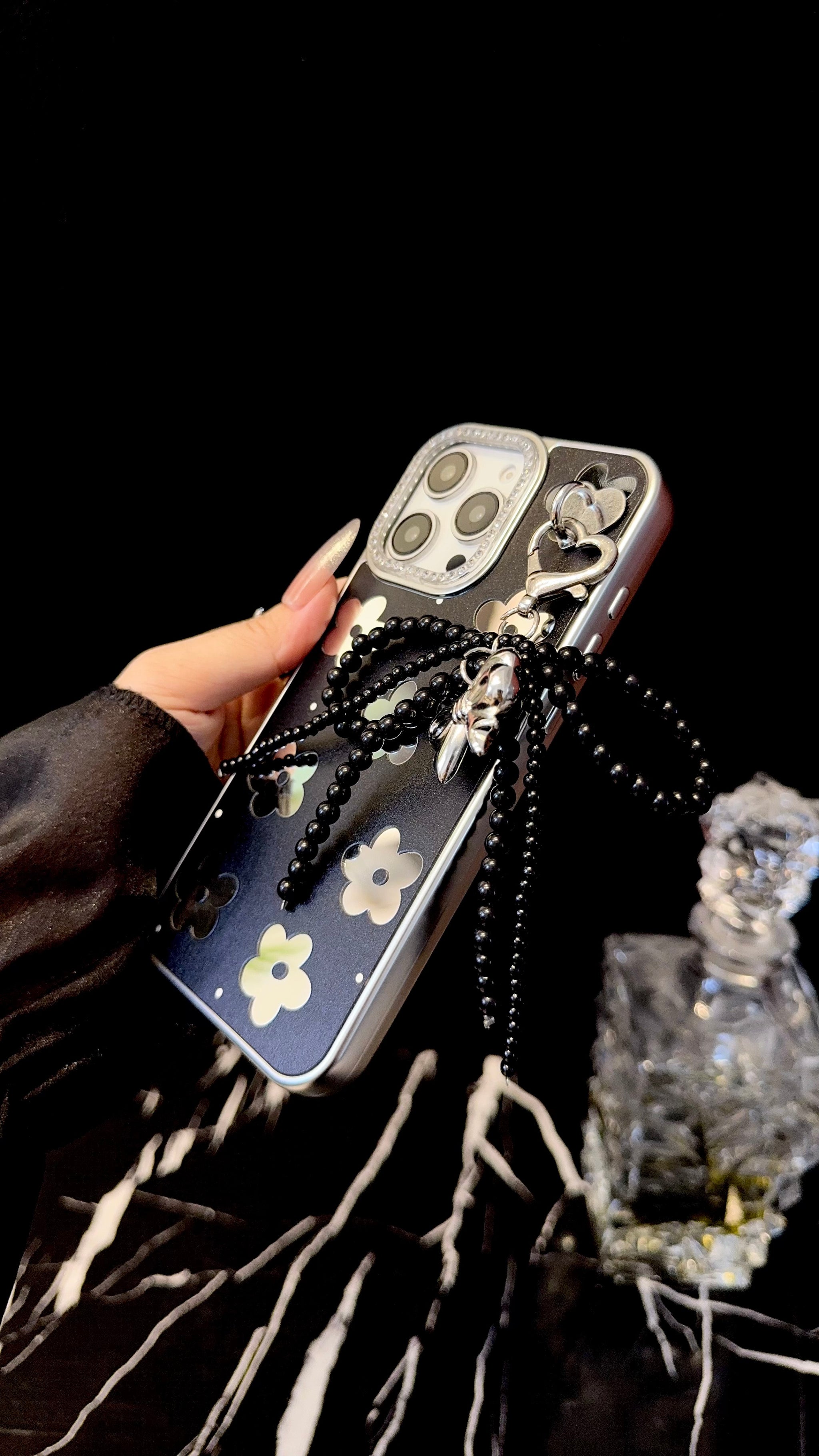 Black Floral iPhone Case with Silver Bow Charm – Elegant Glossy Protective Cover