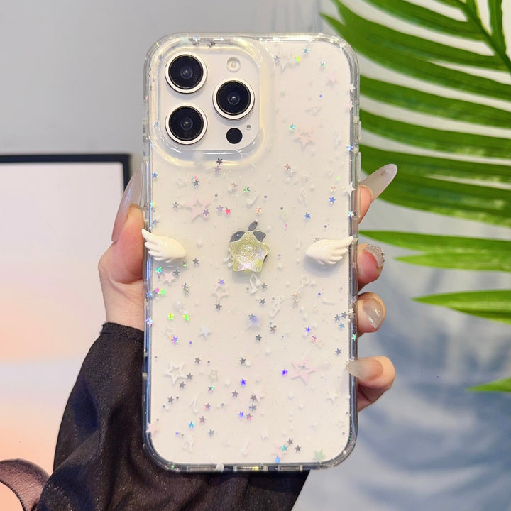 Sparkling Angel Wings iPhone Case – Holographic Star Glitter Clear Cover
