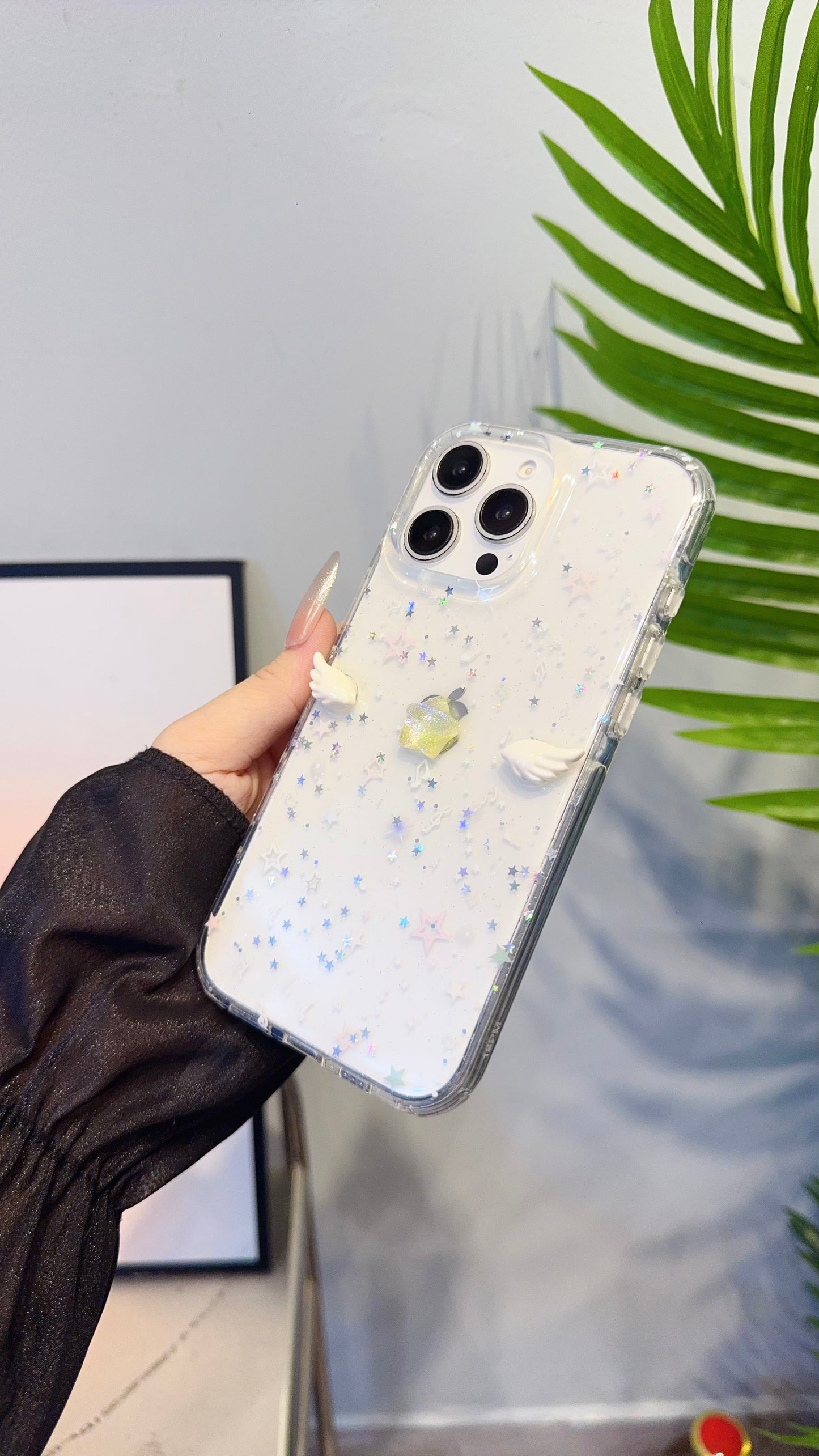 Sparkling Angel Wings iPhone Case – Holographic Star Glitter Clear Cover