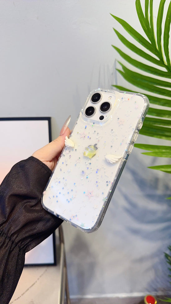 Sparkling Angel Wings iPhone Case – Holographic Star Glitter Clear Cover