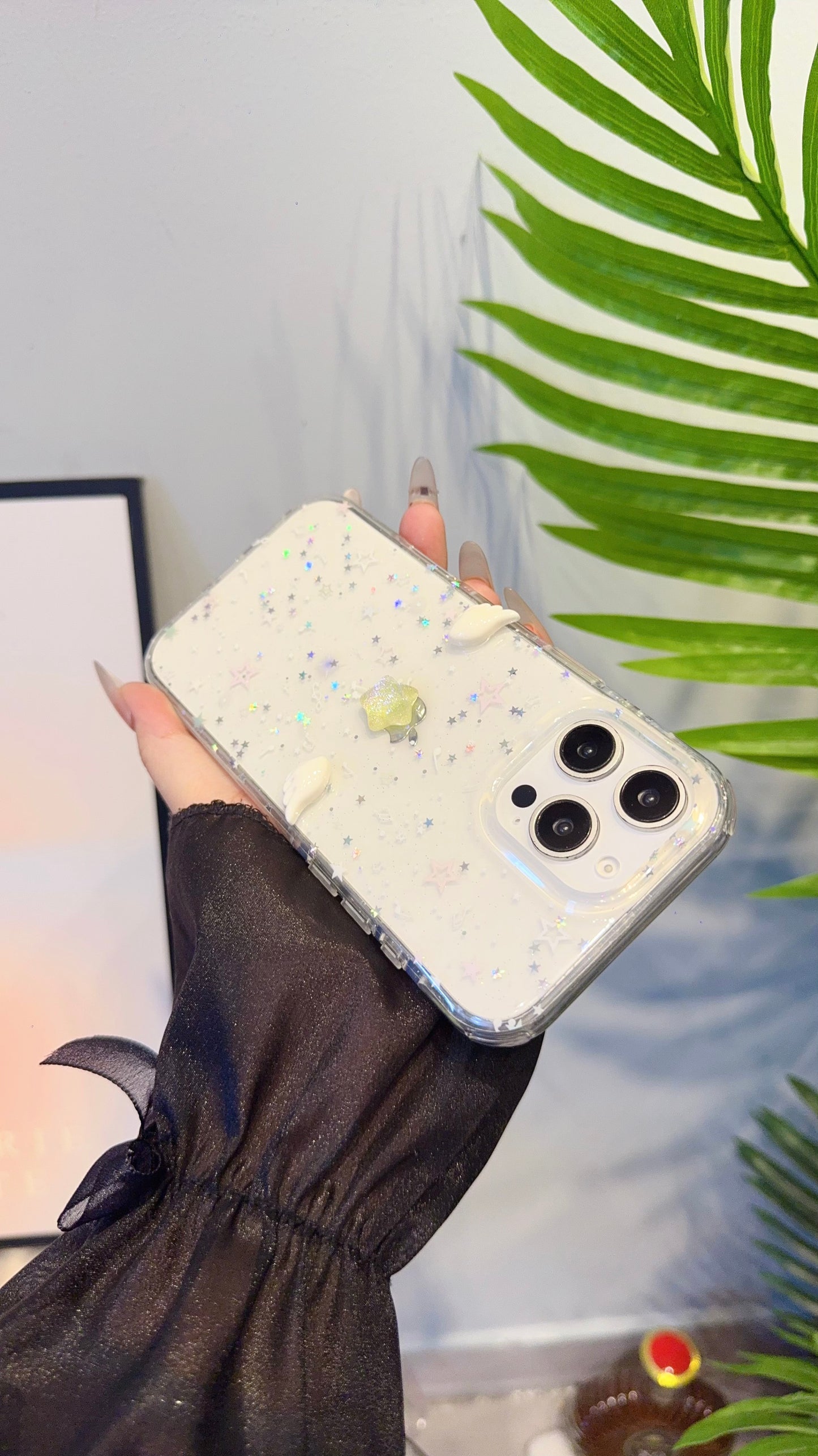 Sparkling Angel Wings iPhone Case – Holographic Star Glitter Clear Cover