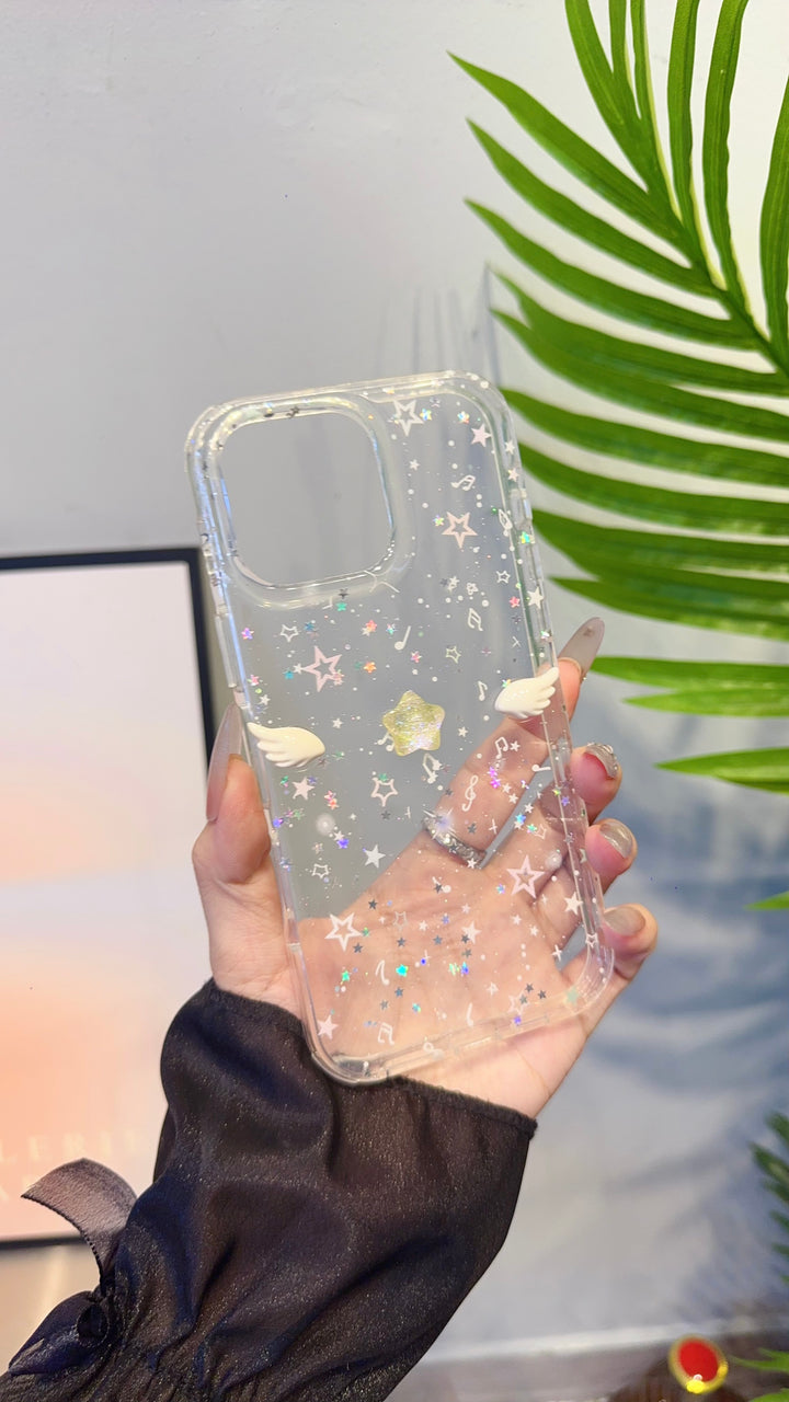 Sparkling Angel Wings iPhone Case – Holographic Star Glitter Clear Cover