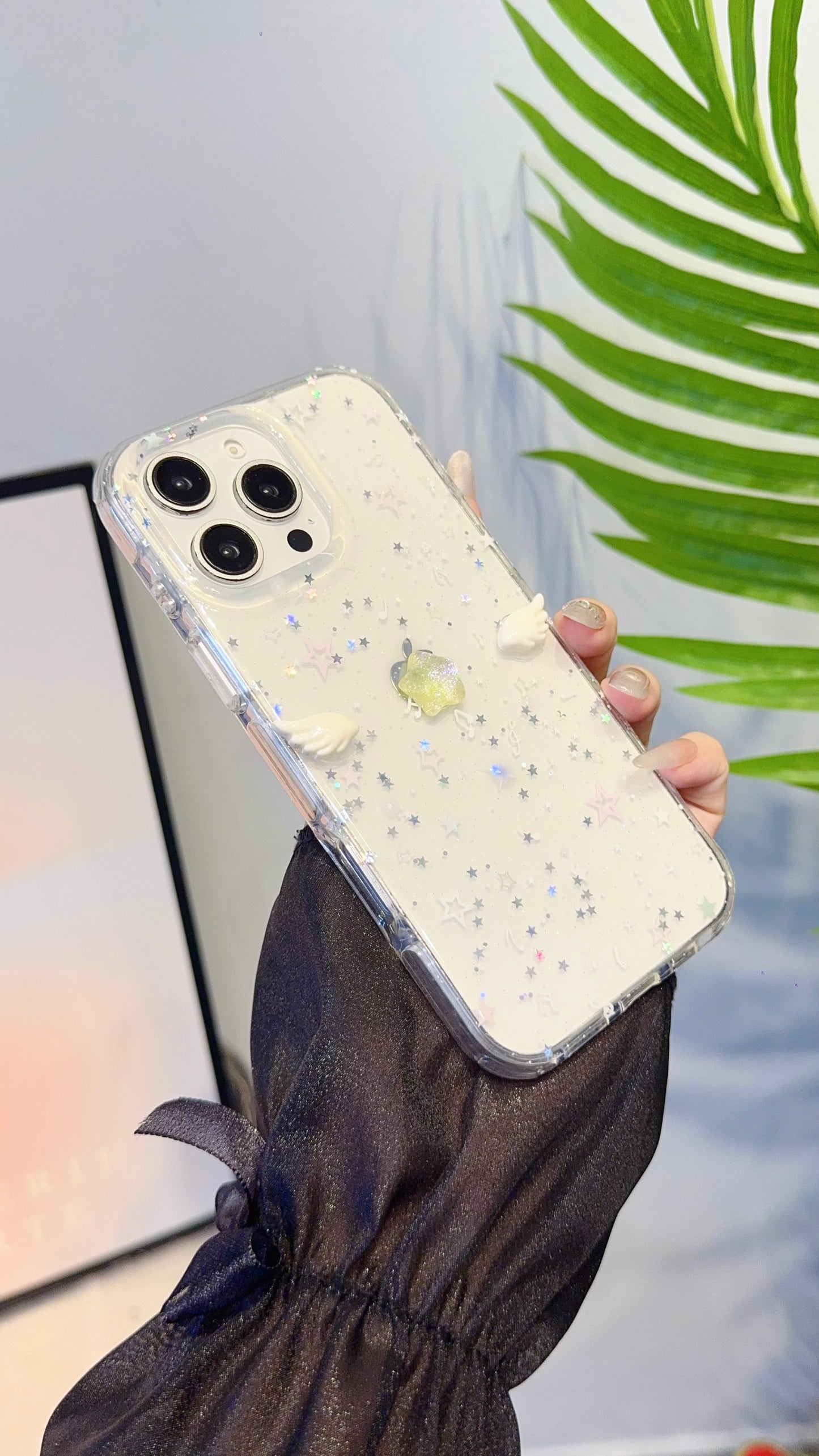 Sparkling Angel Wings iPhone Case – Holographic Star Glitter Clear Cover