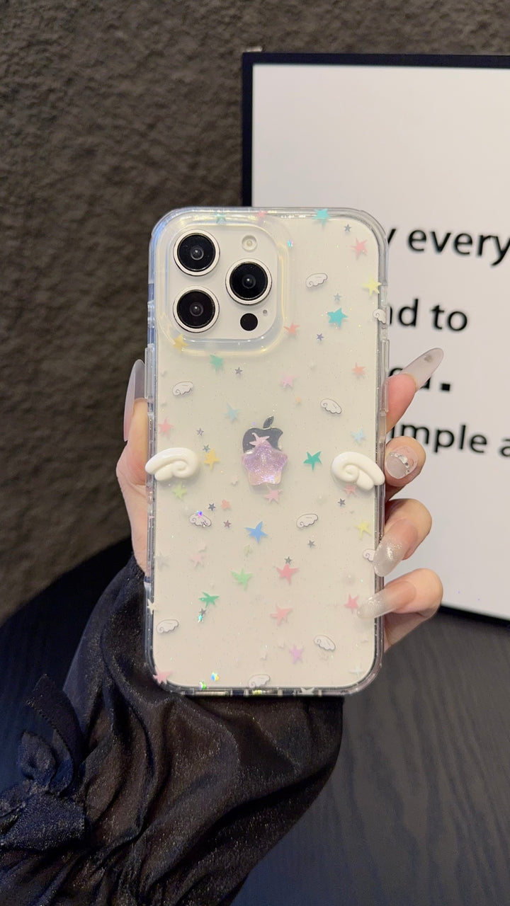 Pastel Star Angel iPhone Case – Clear Soft Cover with Mini Wings & Glitter Design