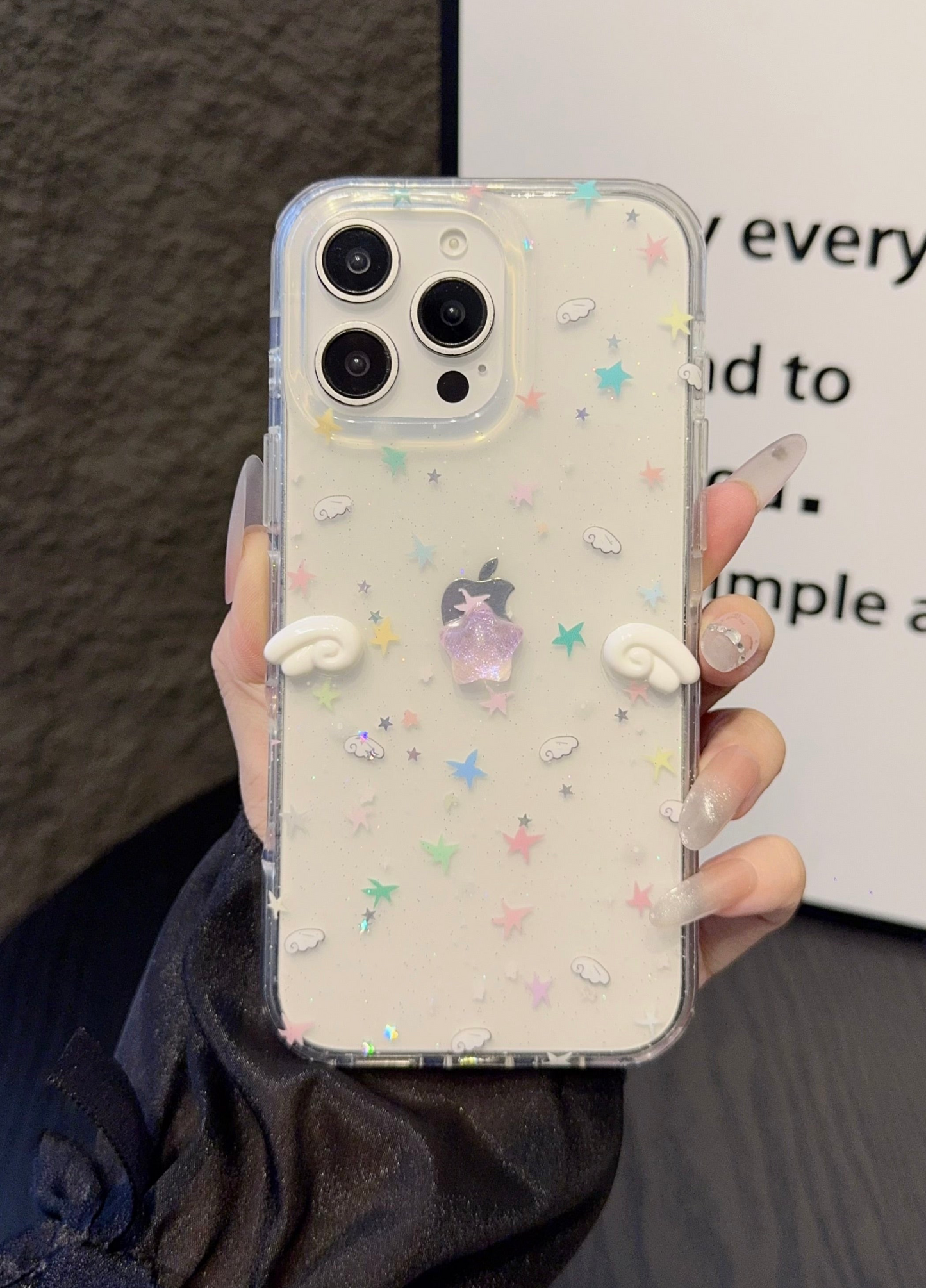 Pastel Star Angel iPhone Case – Clear Soft Cover with Mini Wings & Glitter Design