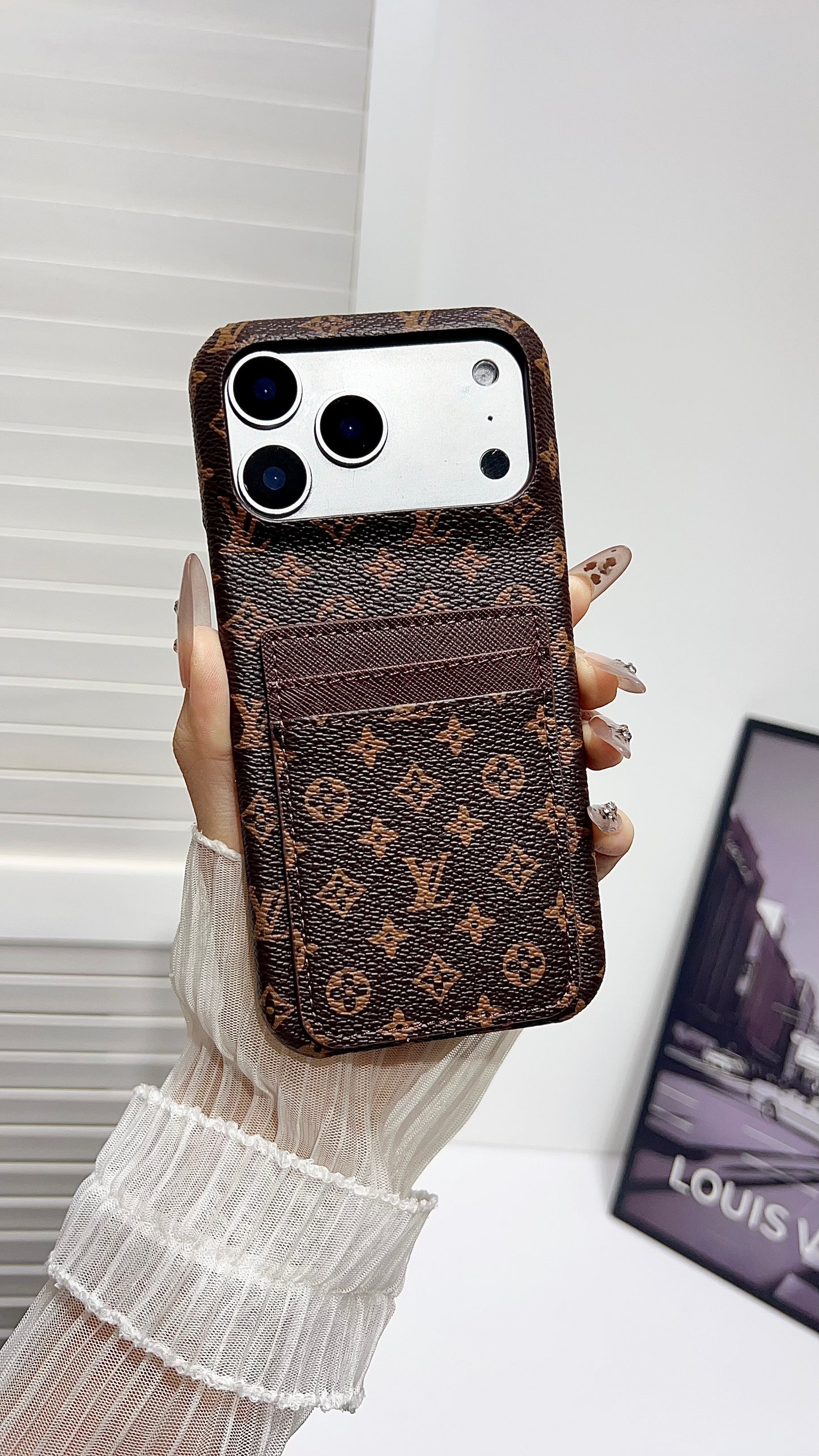 Premium Leather Wallet iPhone Case – Elegant Monogram Design with Card Holder