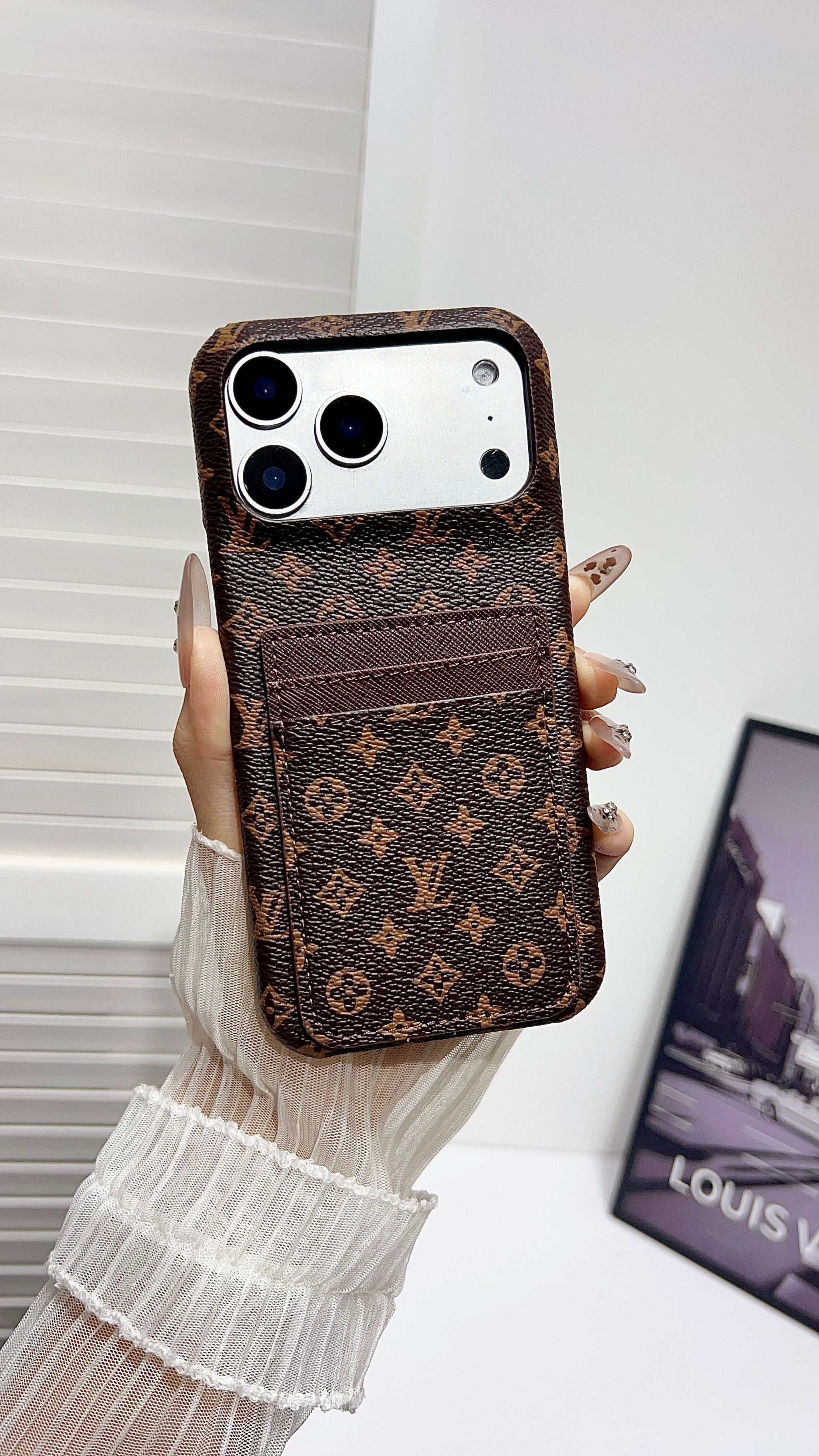 Premium Leather Wallet iPhone Case – Elegant Monogram Design with Card Holder