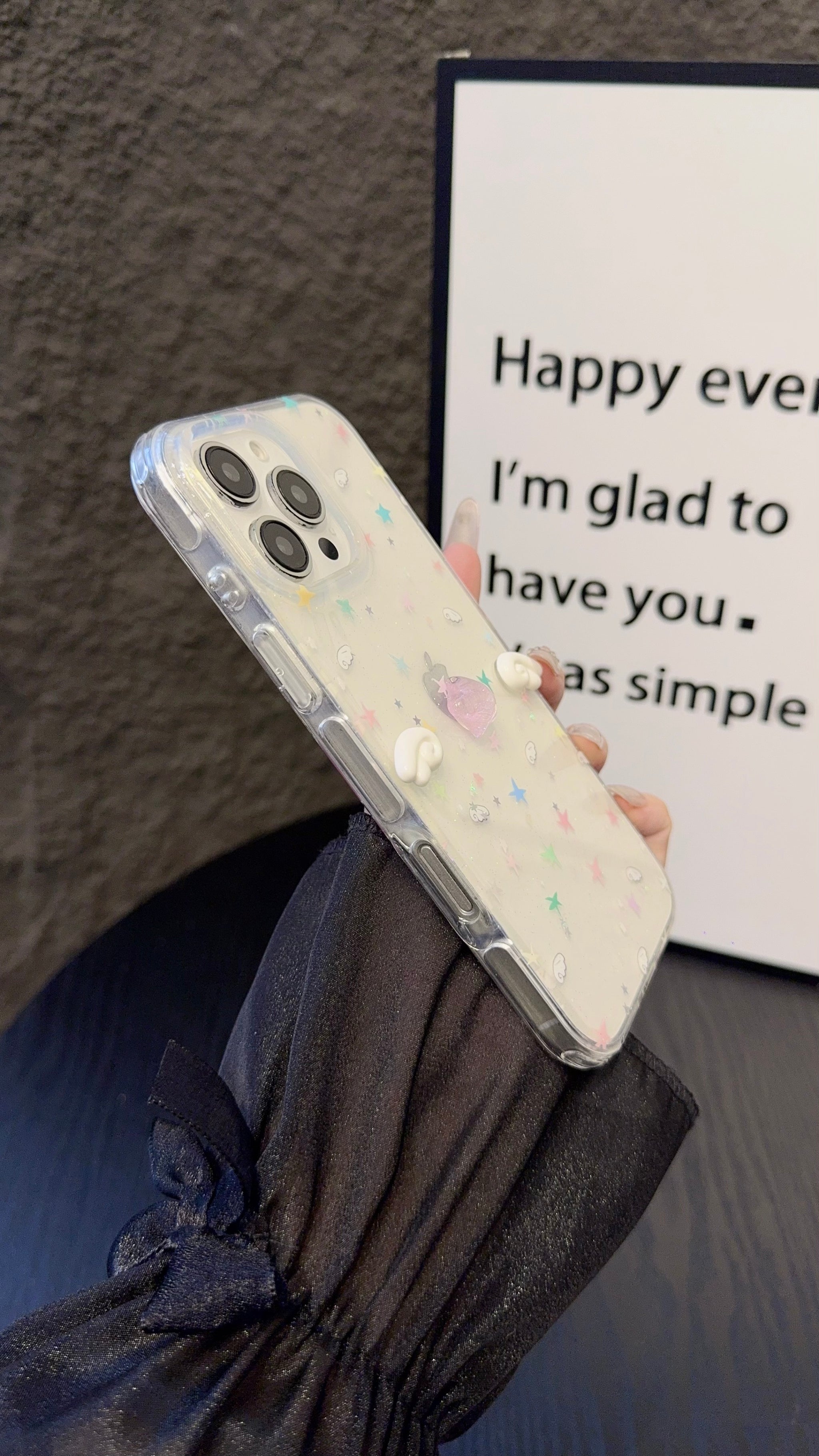 Pastel Star Angel iPhone Case – Clear Soft Cover with Mini Wings & Glitter Design