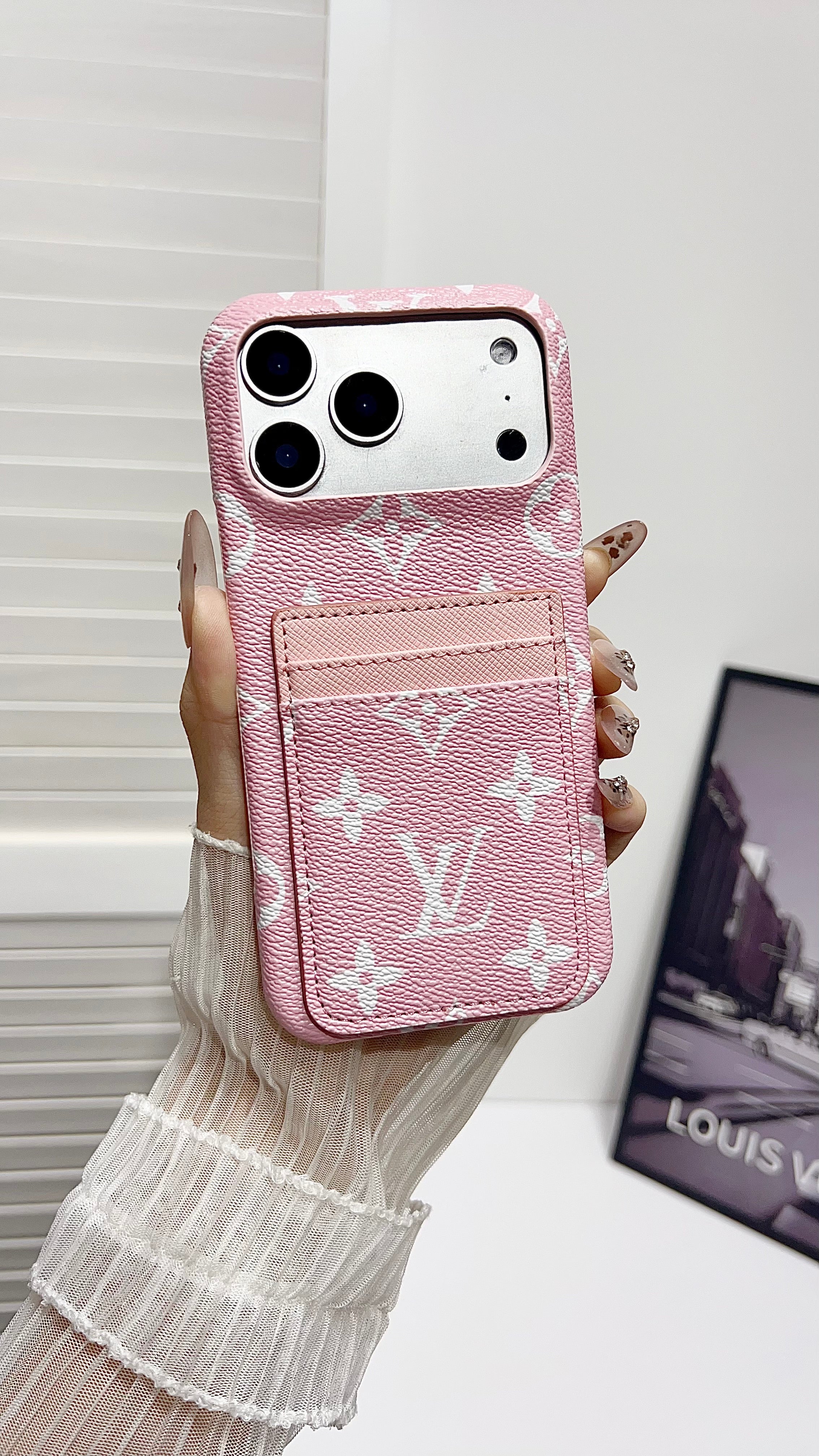 Premium Leather Wallet iPhone Case – Elegant Monogram Design with Card Holder