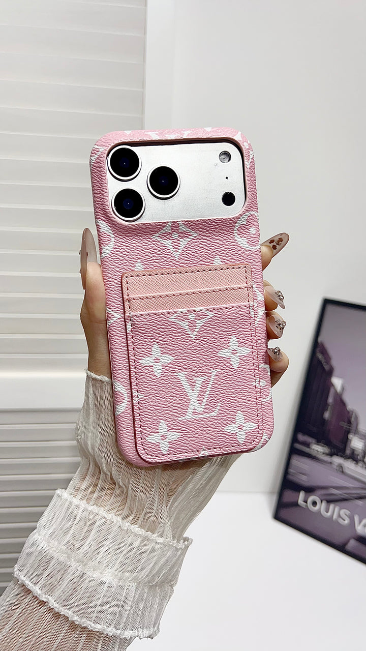 Premium Leather Wallet iPhone Case – Elegant Monogram Design with Card Holder