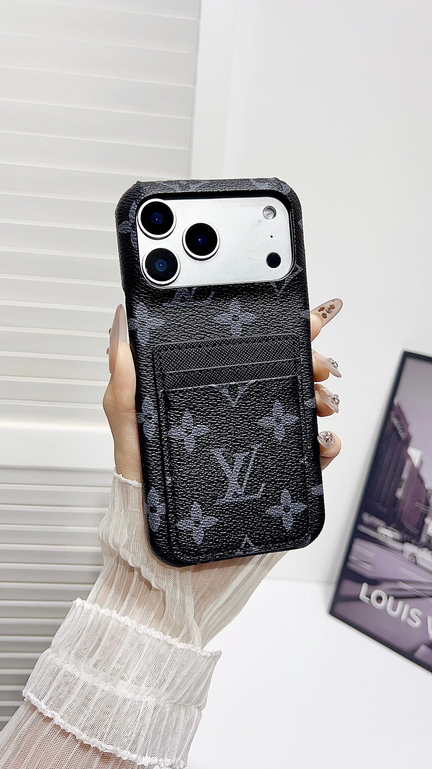 Premium Leather Wallet iPhone Case – Elegant Monogram Design with Card Holder
