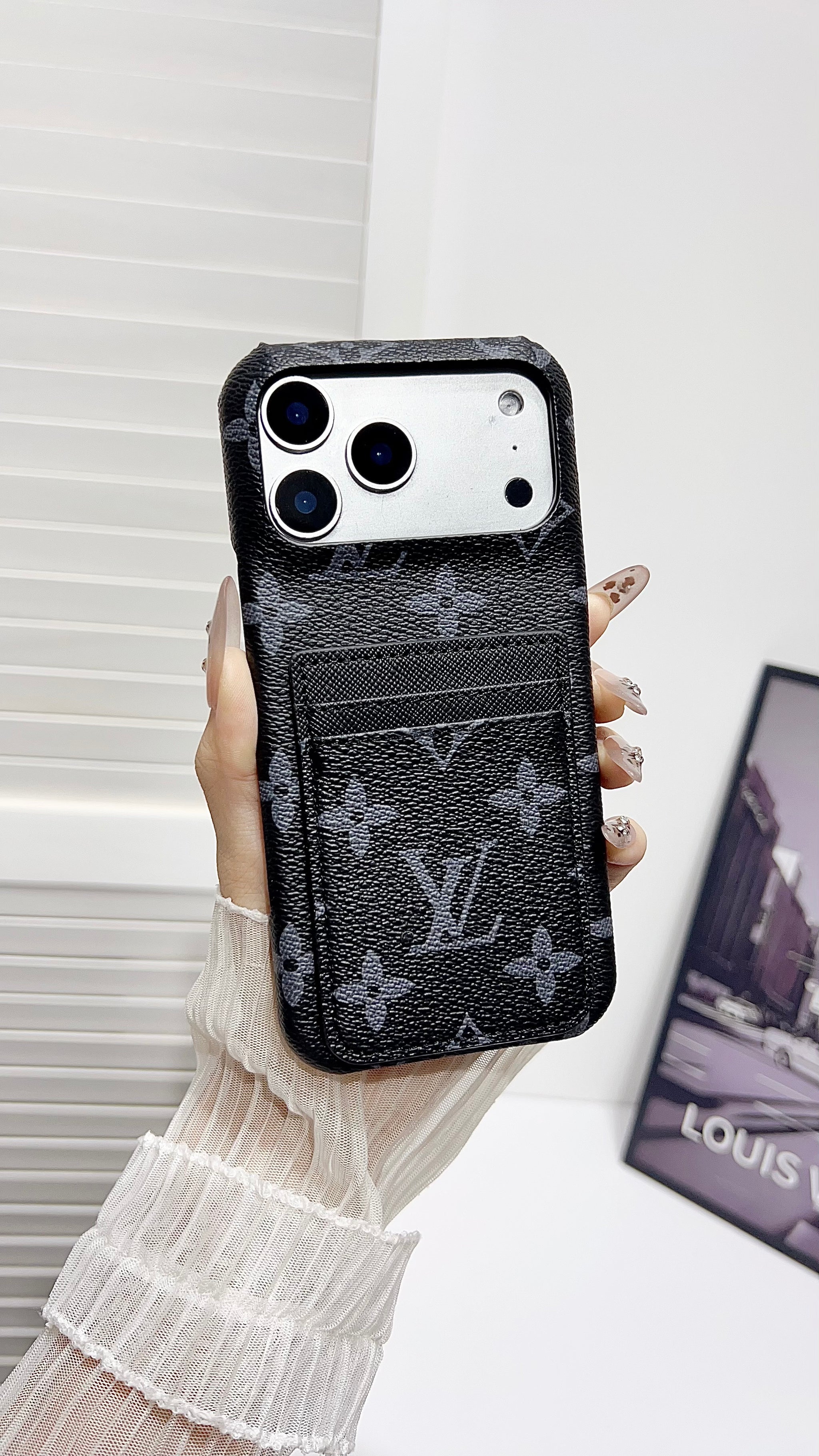 Premium Leather Wallet iPhone Case – Elegant Monogram Design with Card Holder