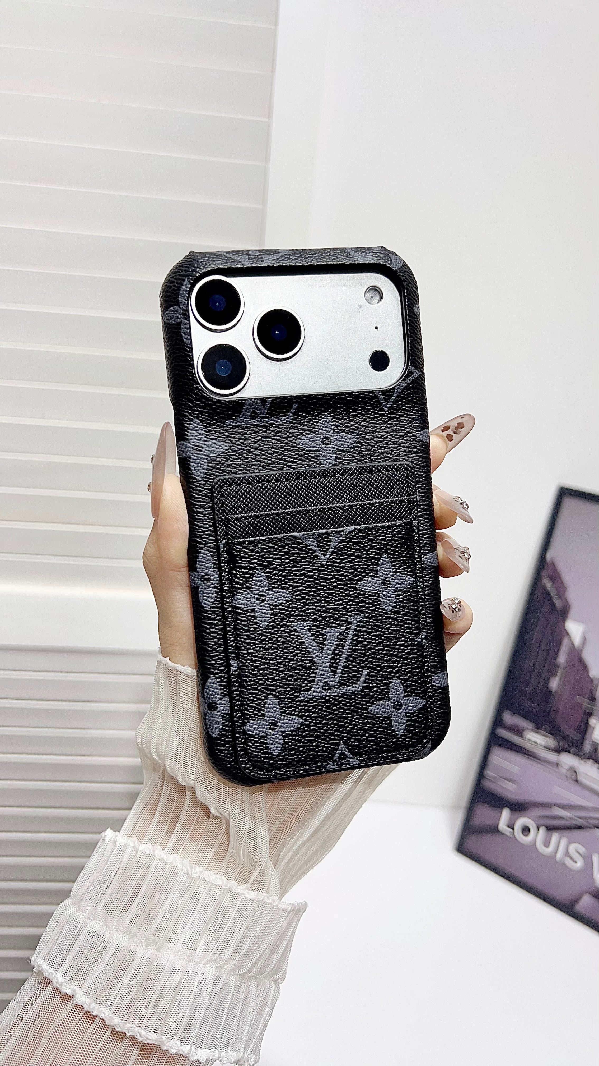 Premium Leather Wallet iPhone Case – Elegant Monogram Design with Card Holder