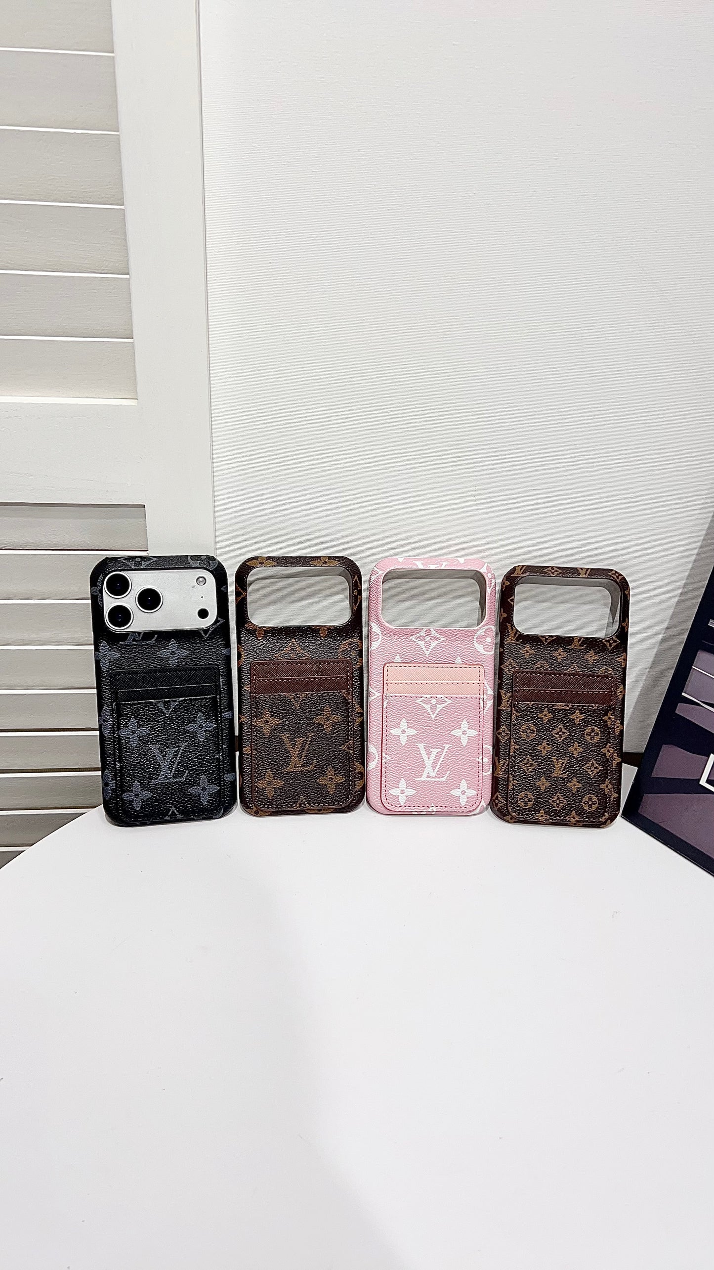 Premium Leather Wallet iPhone Case – Elegant Monogram Design with Card Holder