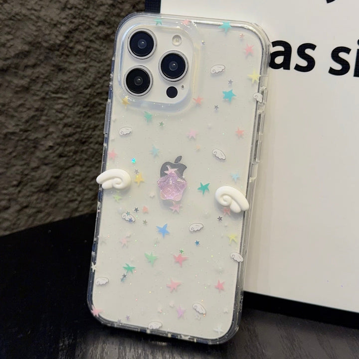 Pastel Star Angel iPhone Case – Clear Soft Cover with Mini Wings & Glitter Design