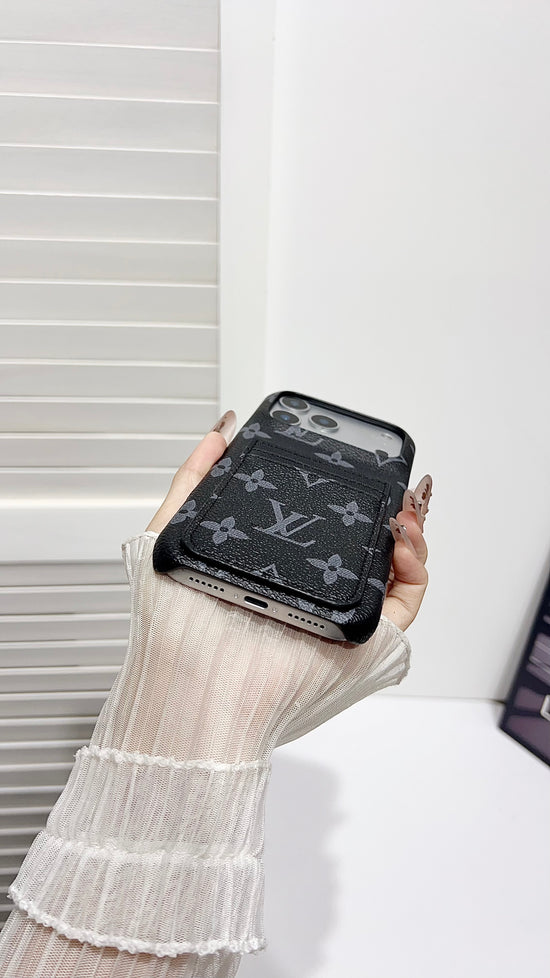 Premium Leather Wallet iPhone Case – Elegant Monogram Design with Card Holder