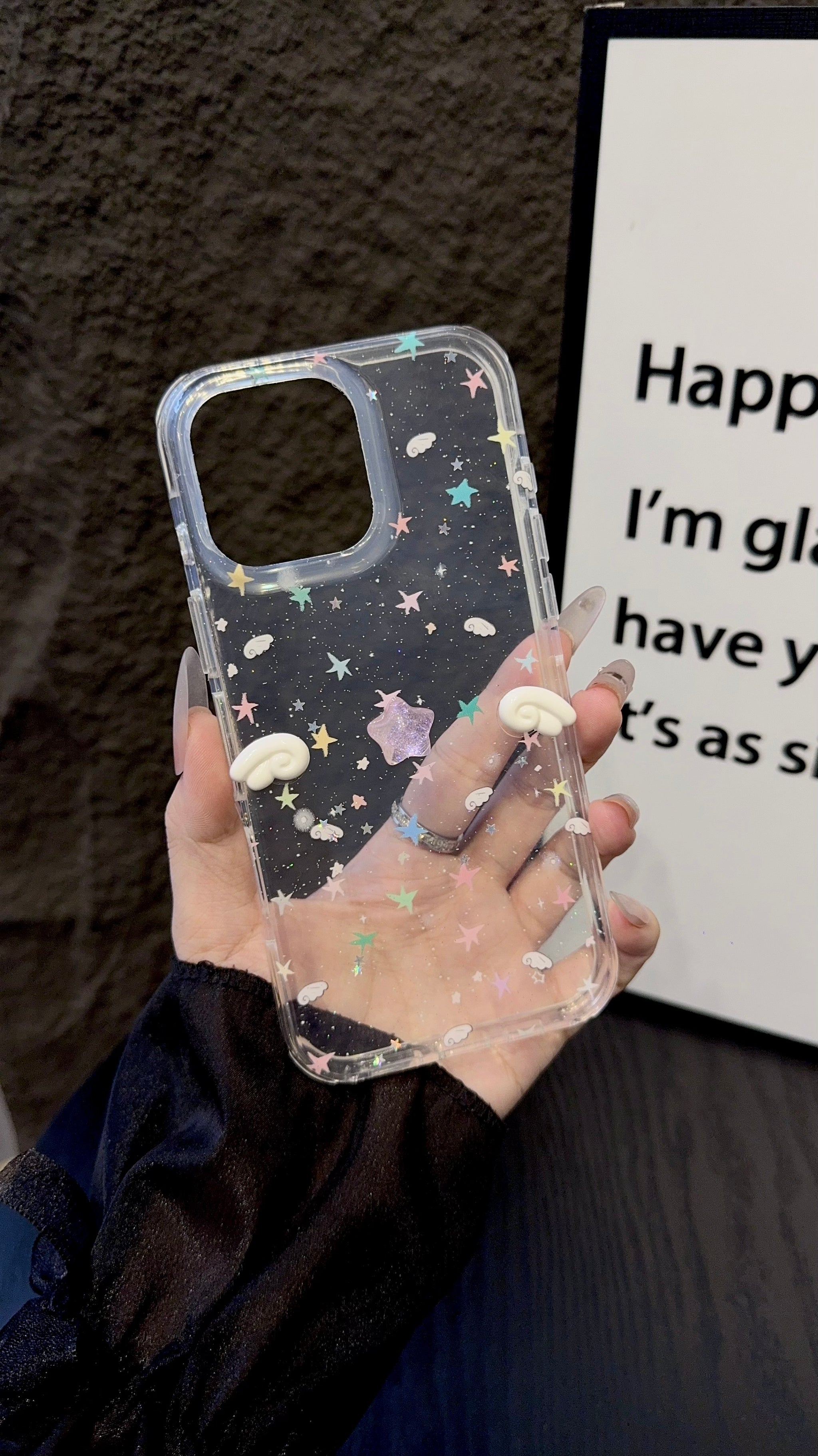 Pastel Star Angel iPhone Case – Clear Soft Cover with Mini Wings & Glitter Design
