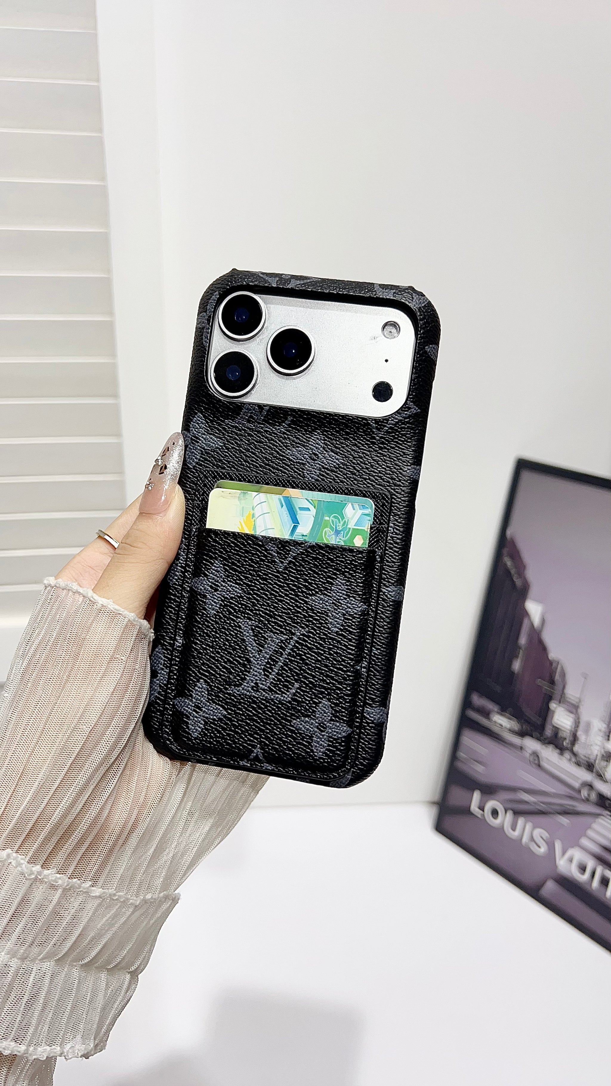 Premium Leather Wallet iPhone Case – Elegant Monogram Design with Card Holder