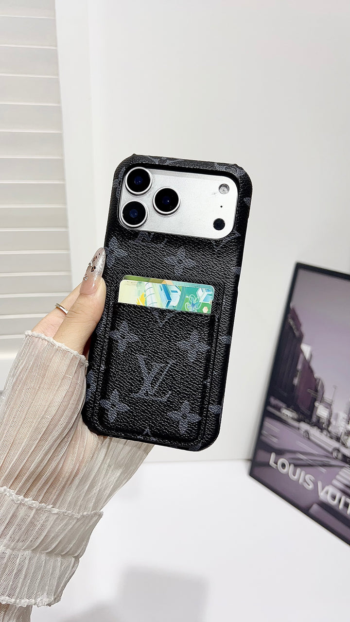 Premium Leather Wallet iPhone Case – Elegant Monogram Design with Card Holder