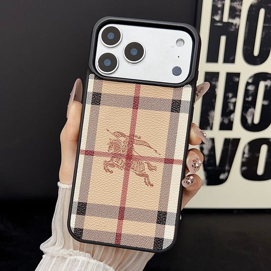 Classic Checkered Leather iPhone Case – Vintage Plaid Pattern Protective Cover with Box