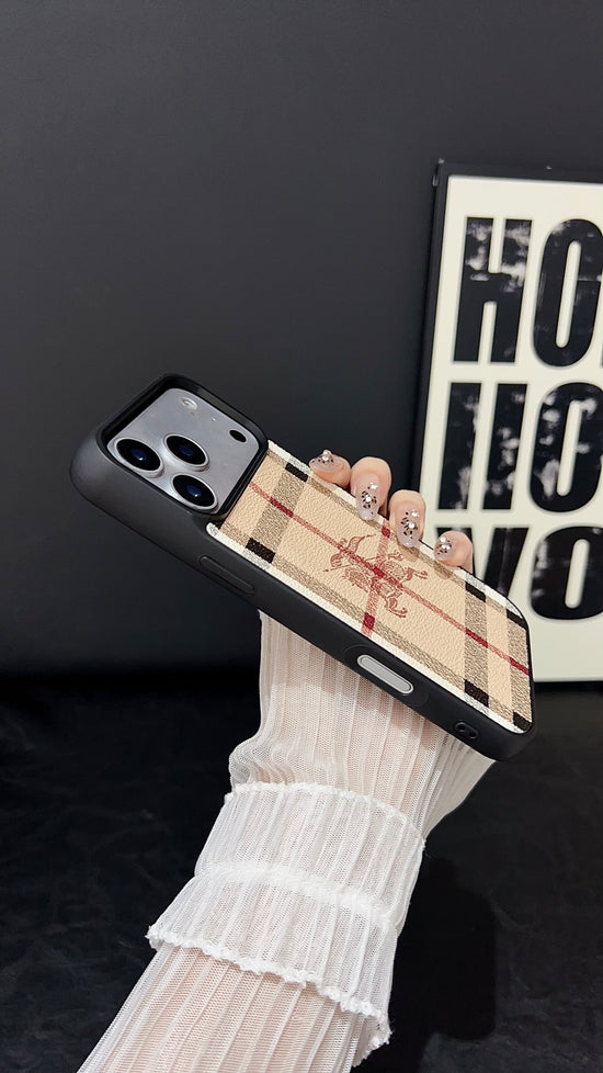 Classic Checkered Leather iPhone Case – Vintage Plaid Pattern Protective Cover with Box