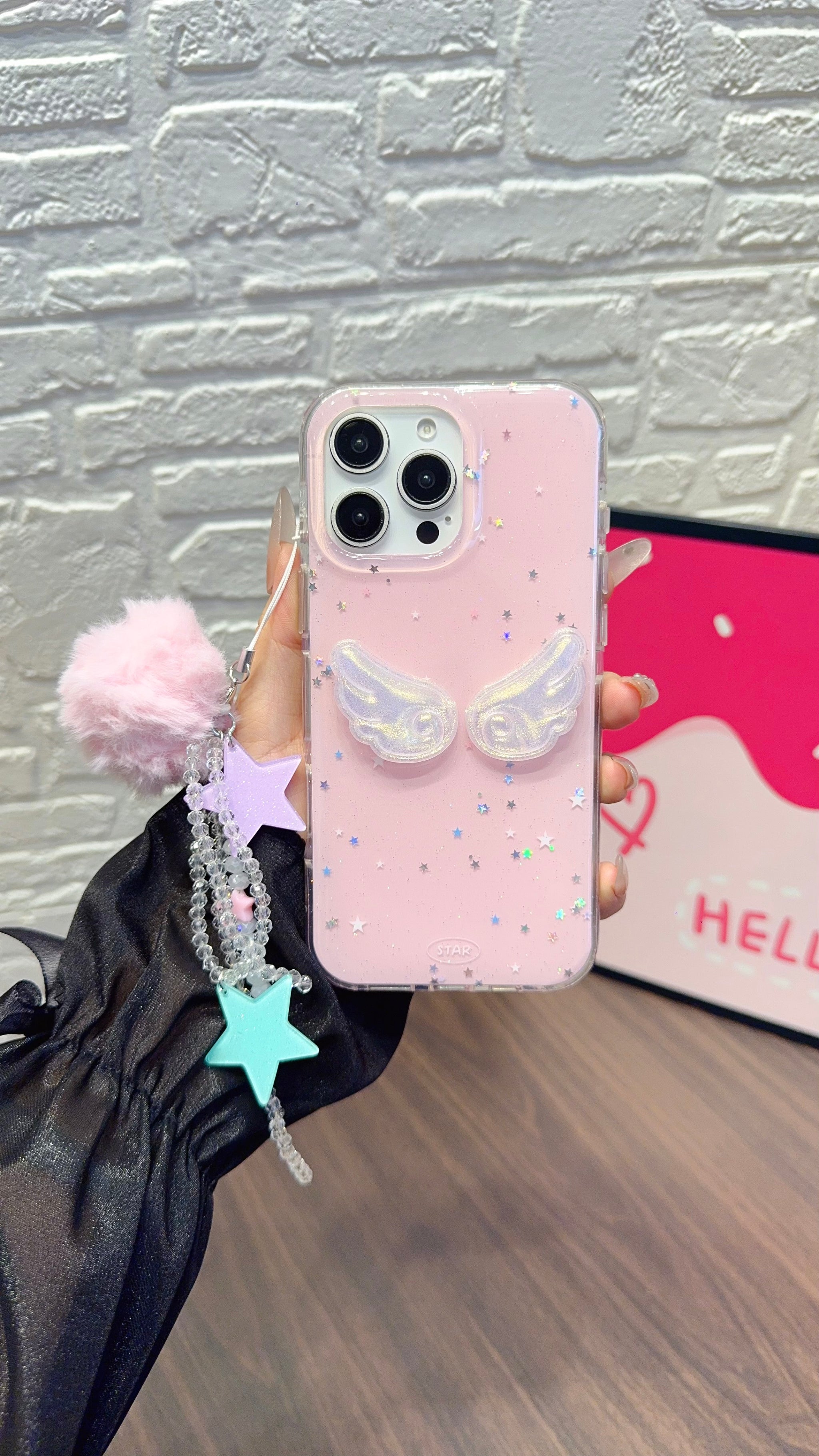 Angel Wings Pink iPhone Case – Glitter Star Design with Furry Pom-Pom & Star Charm