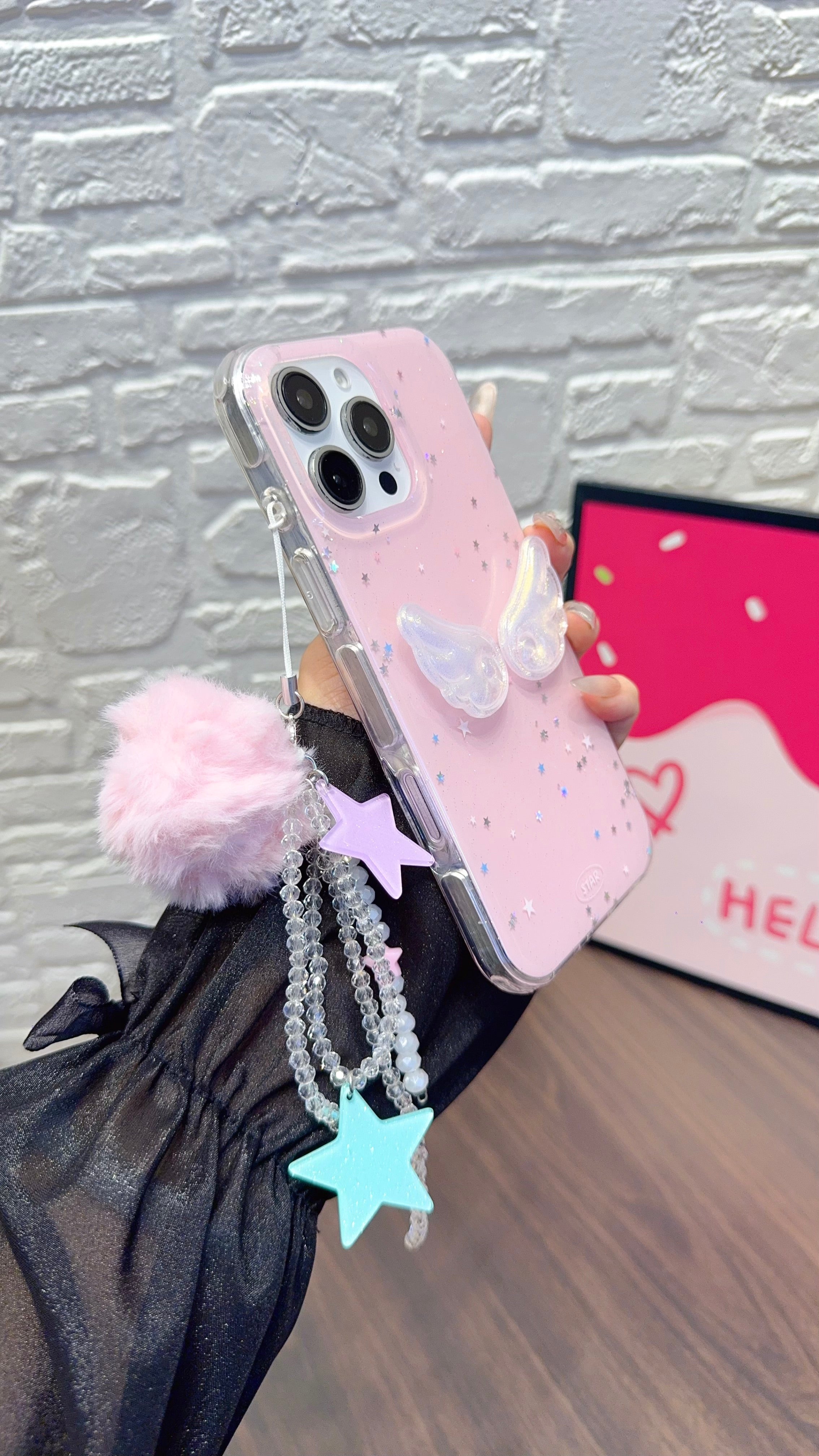 Angel Wings Pink iPhone Case – Glitter Star Design with Furry Pom-Pom & Star Charm