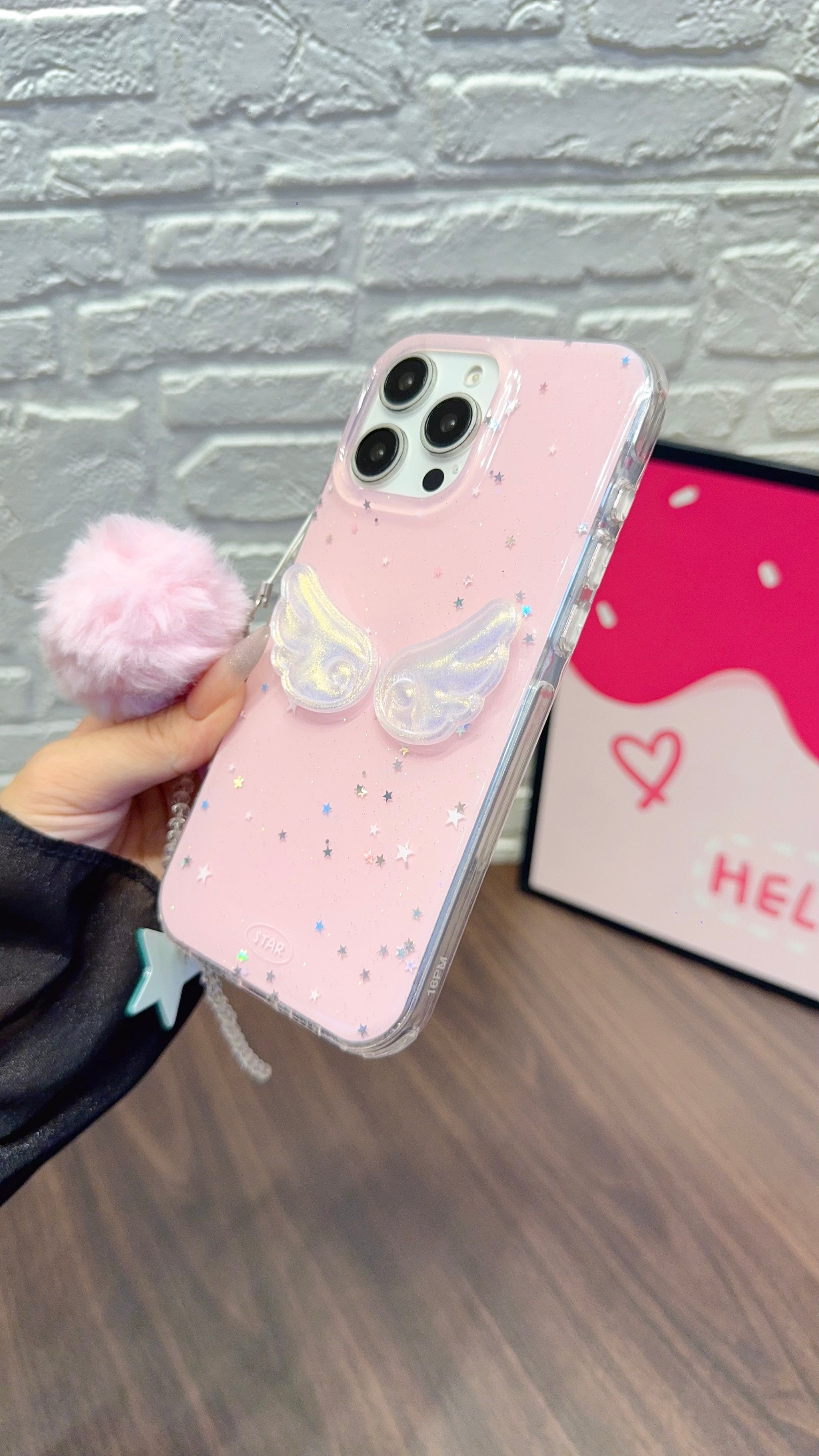 Angel Wings Pink iPhone Case – Glitter Star Design with Furry Pom-Pom & Star Charm