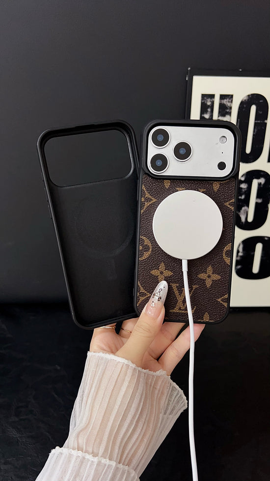 Luxury Monogram Leather iPhone Case – Elegant Brown Pattern with Premium Box