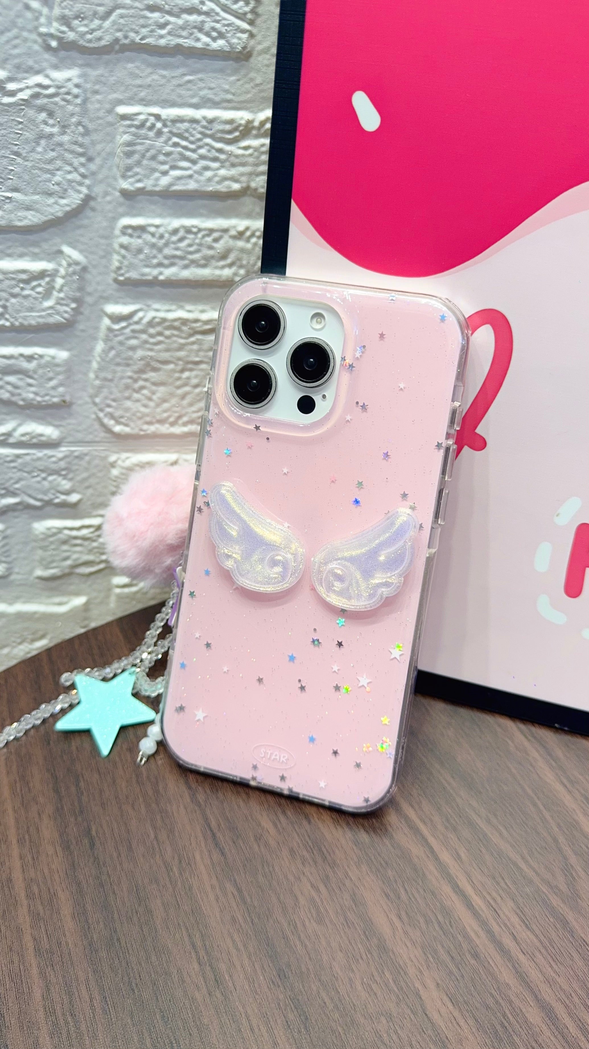 Angel Wings Pink iPhone Case – Glitter Star Design with Furry Pom-Pom & Star Charm