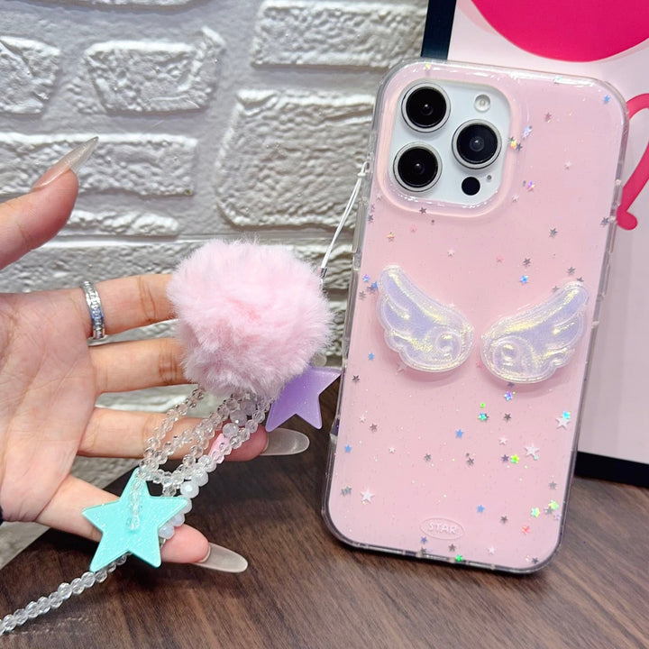 Angel Wings Pink iPhone Case – Glitter Star Design with Furry Pom-Pom & Star Charm